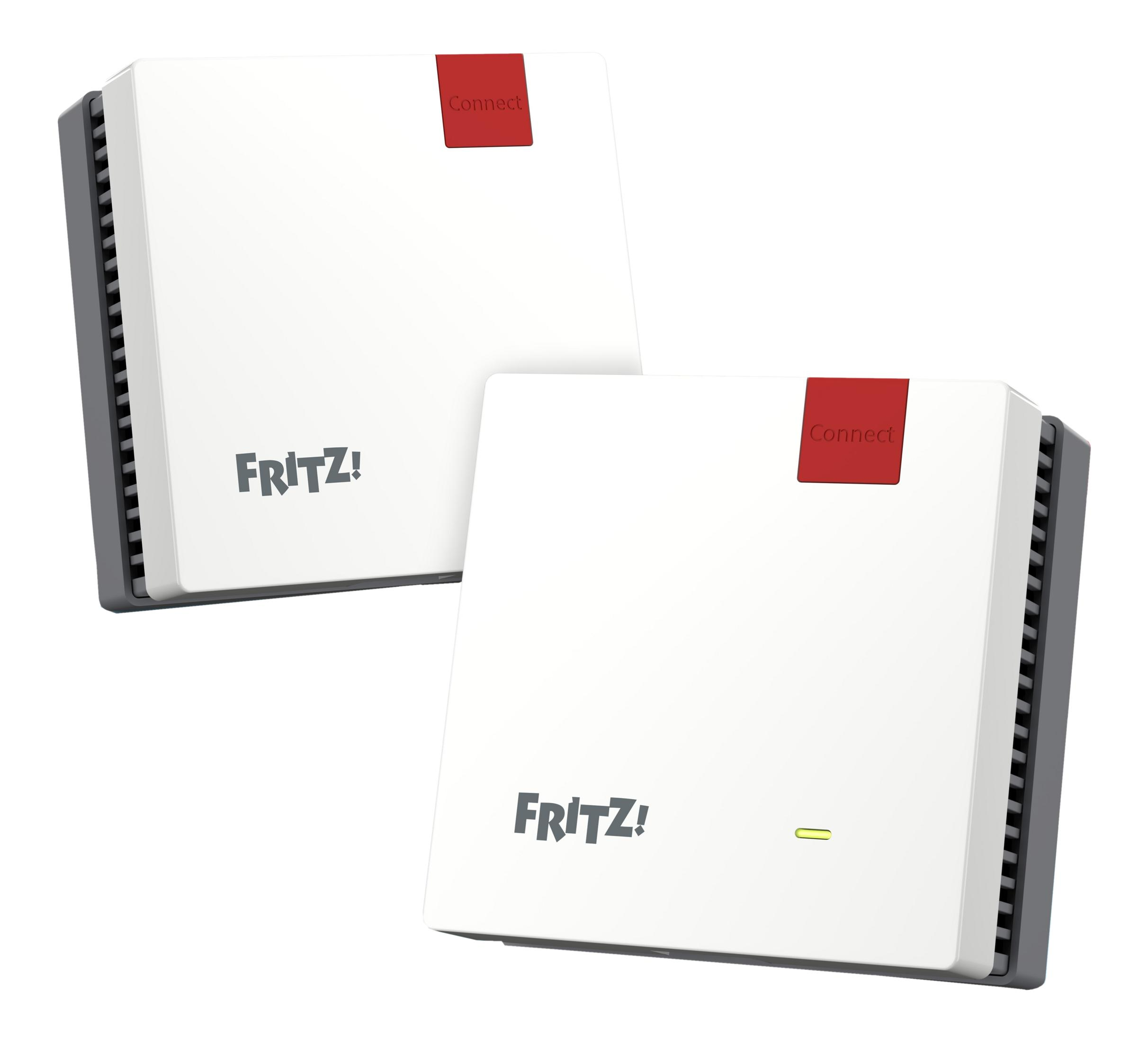 Dwa białe urządzenia Fritz!Box z czerwonymi naklejkami "Connect" i otworami wentylacyjnymi.
