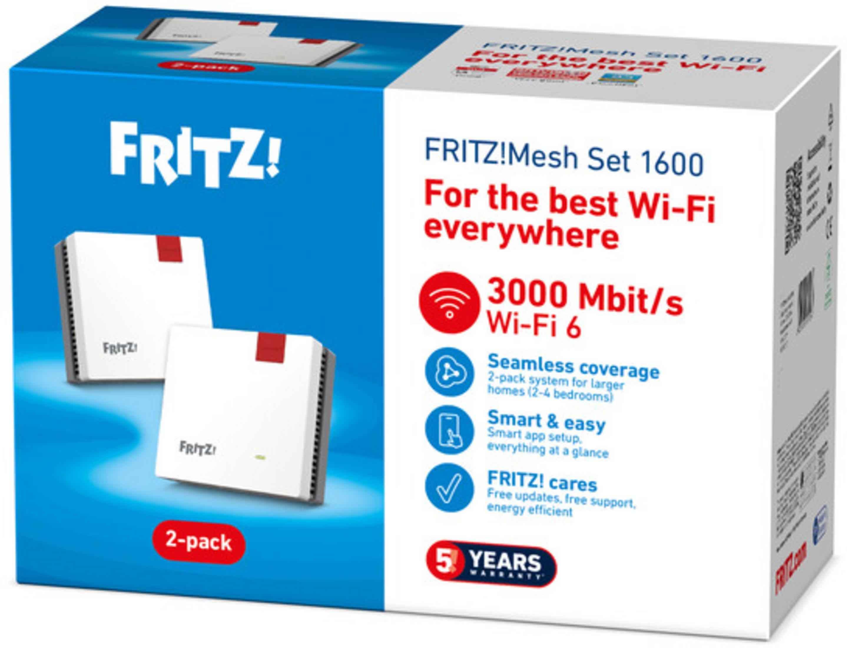 Opakowanie FRITZ!Mesh Set 1600 2-pak, 3000 Mbit/s Wi-Fi 6, płynne pokrycie.