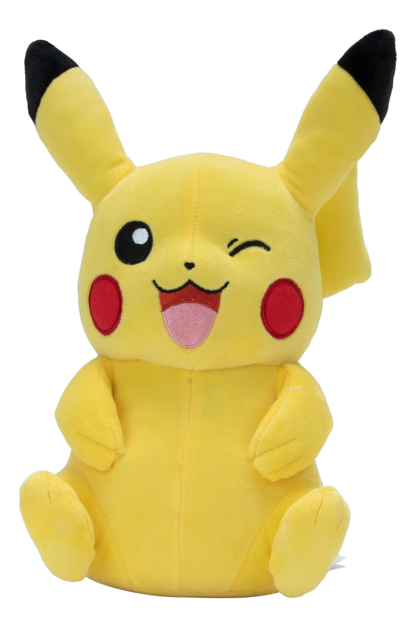 Ein gelber Pikachu-Plüsch mit schwarzen Ohrspitzen und roten Wangen.