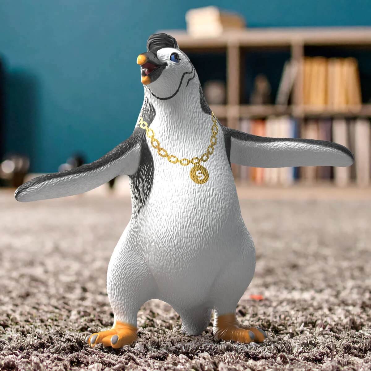 Ein Pinguin mit Kette und Frisur steht auf einem Teppich.