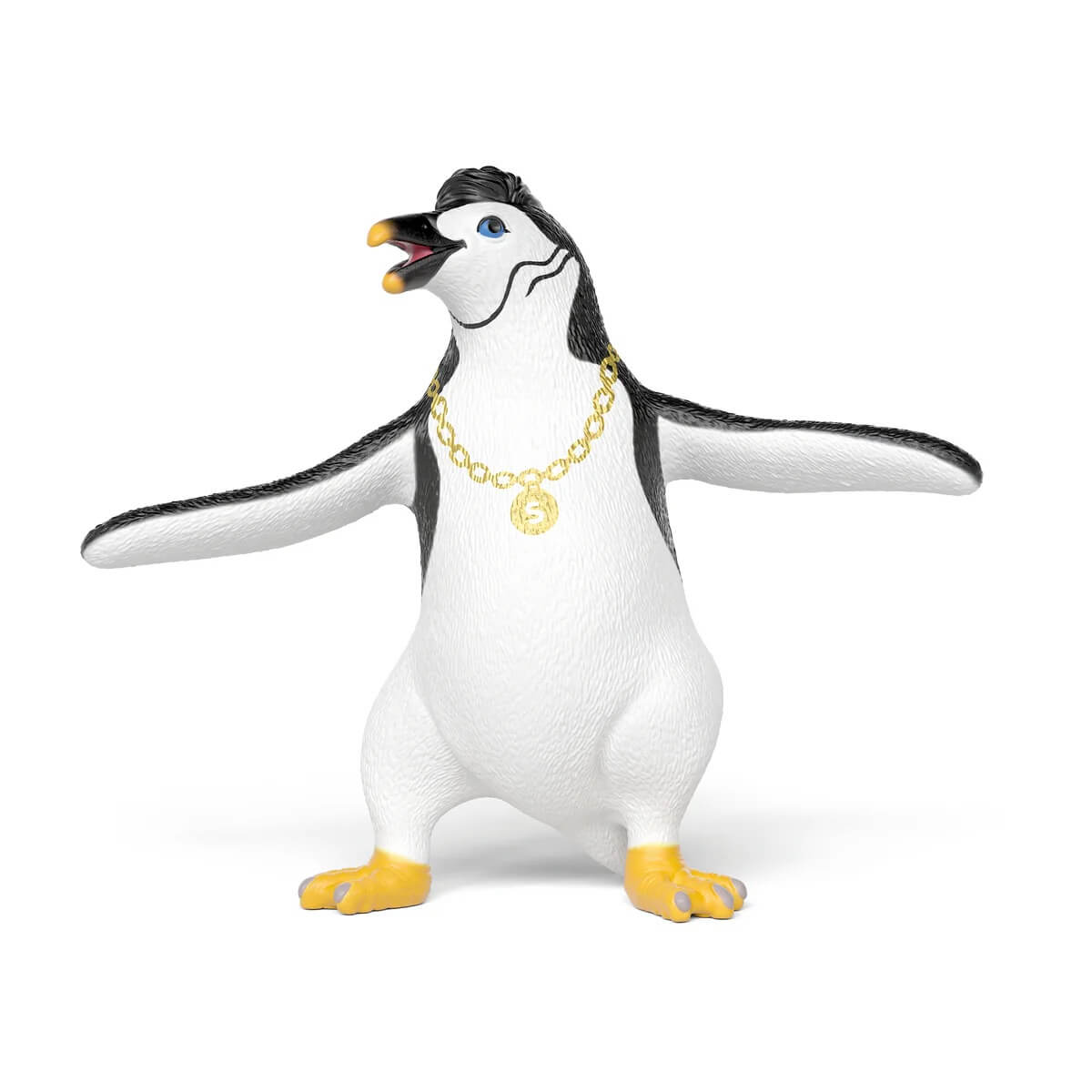 Ein Pinguin mit toupierter Frisur und Goldkette steht aufrecht.