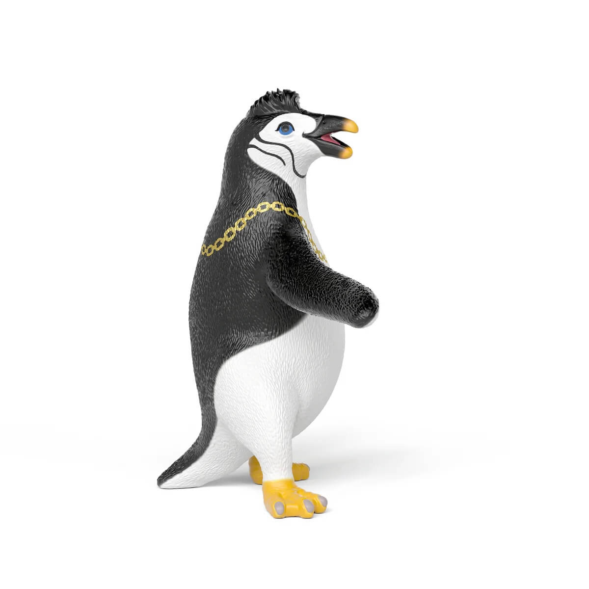 Eine Spielzeug-Pinguinfigur mit schwarzem Haar, blauen Augen und einer goldenen Halskette.
