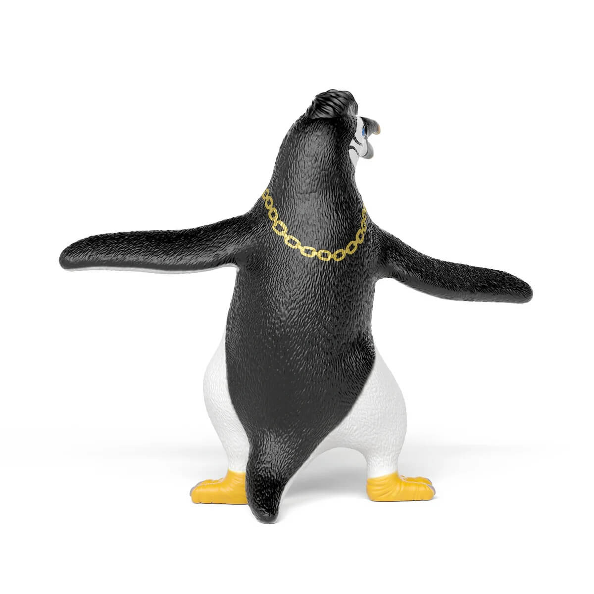 Ein Pinguin mit goldener Halskette und Armen ausgestreckt.