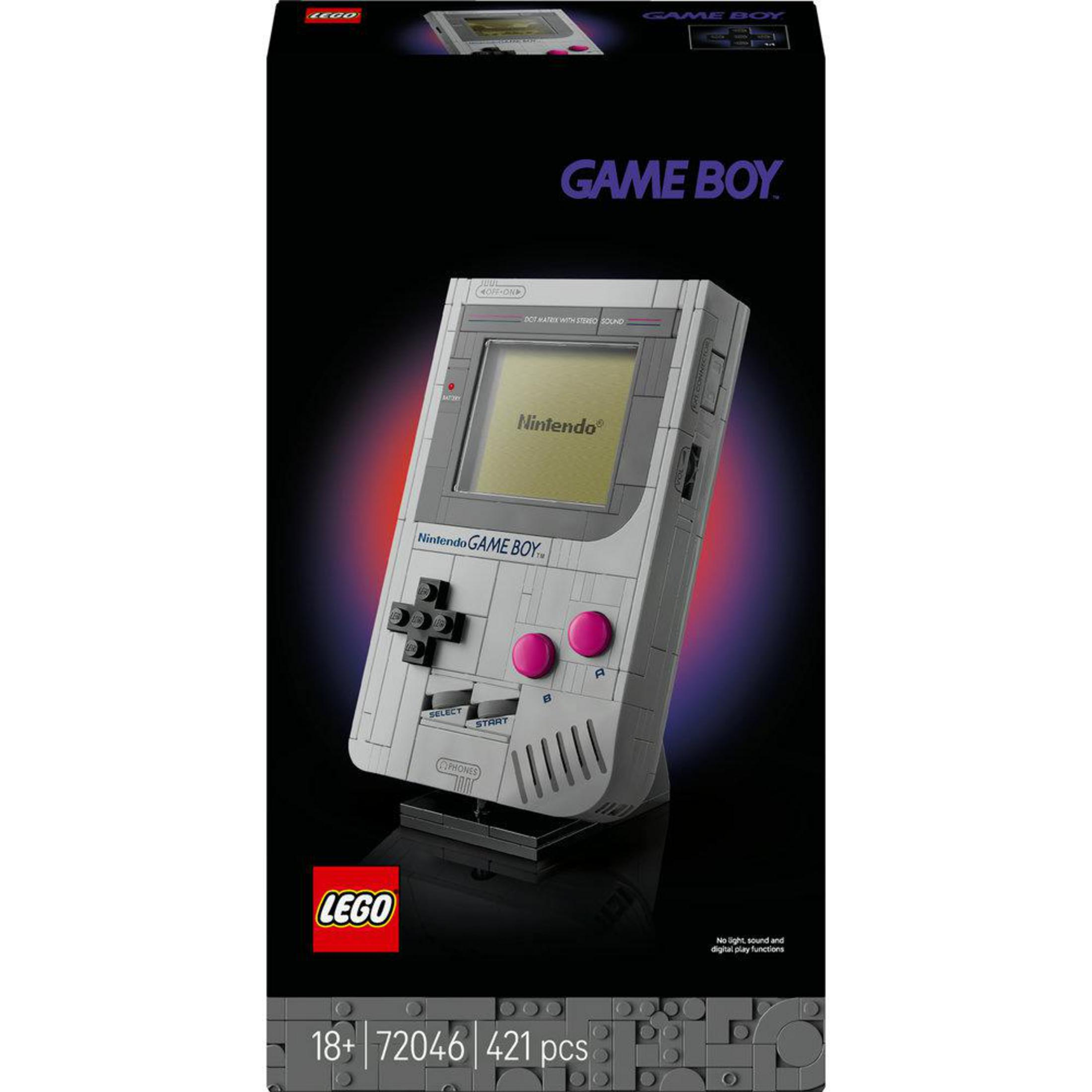 Nintendo Game Boy konsolunun LEGO yapım seti, ekran ve düğmeler görünüyor.