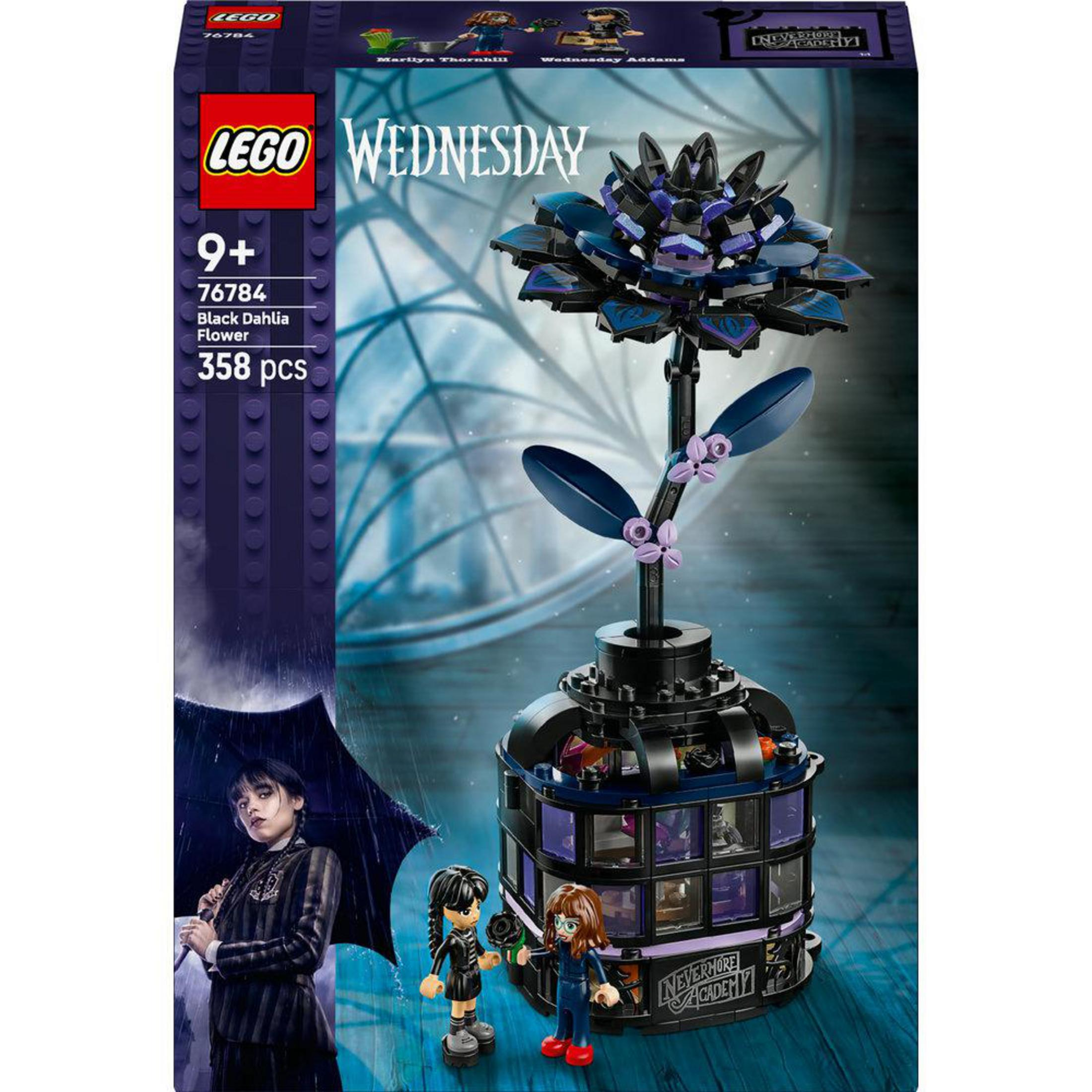 Zestaw LEGO Wednesday z kwiatem, figurkami i budynkiem Nevermore Academy.