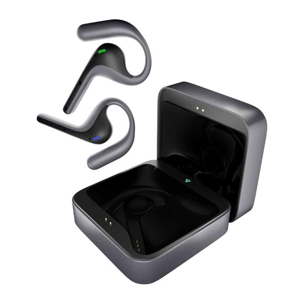 Auriculares inalámbricos grises con estuche de carga, luces indicadoras.