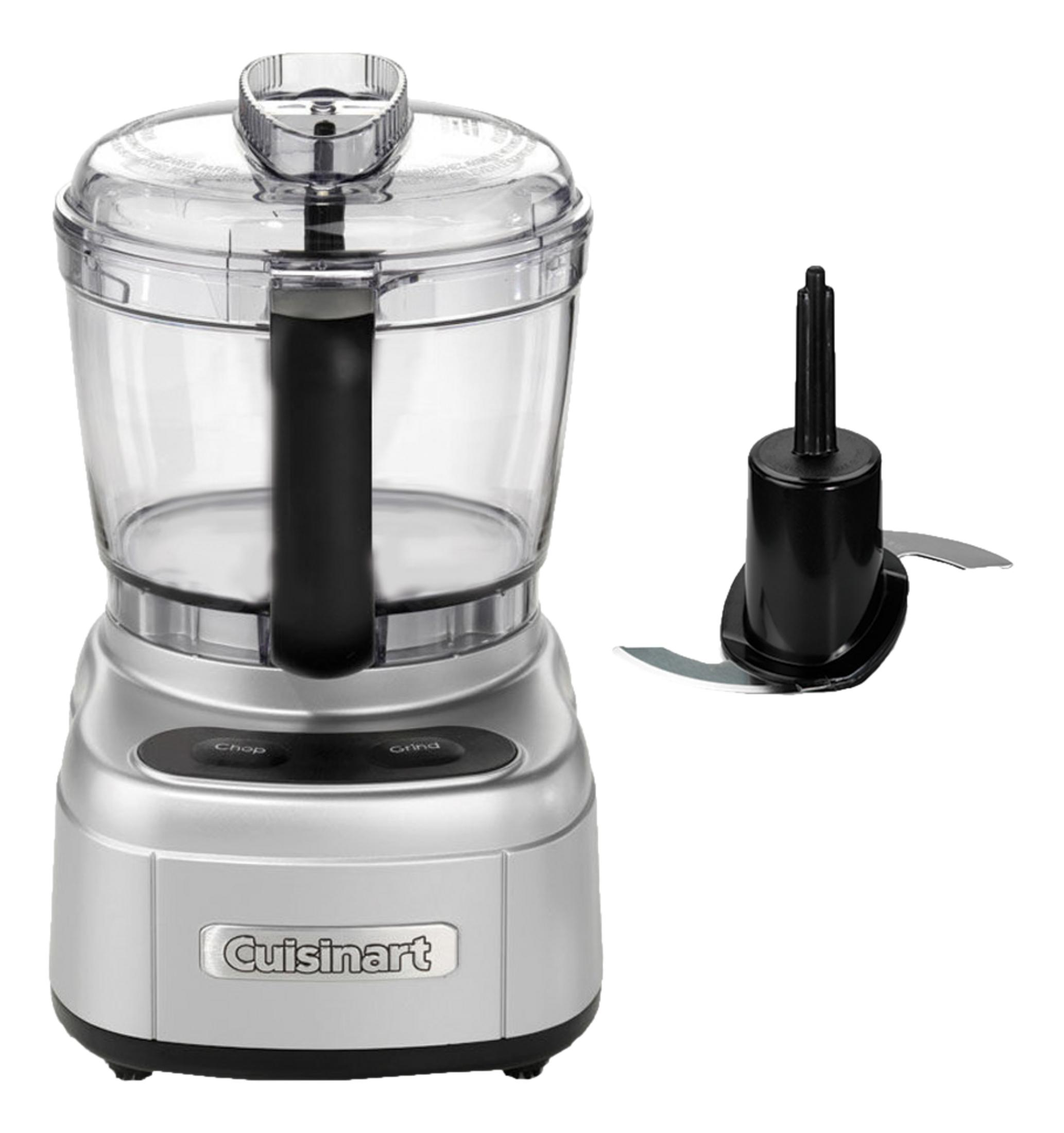 Robot da cucina Cuisinart argentato con ciotola trasparente e accessorio lame.