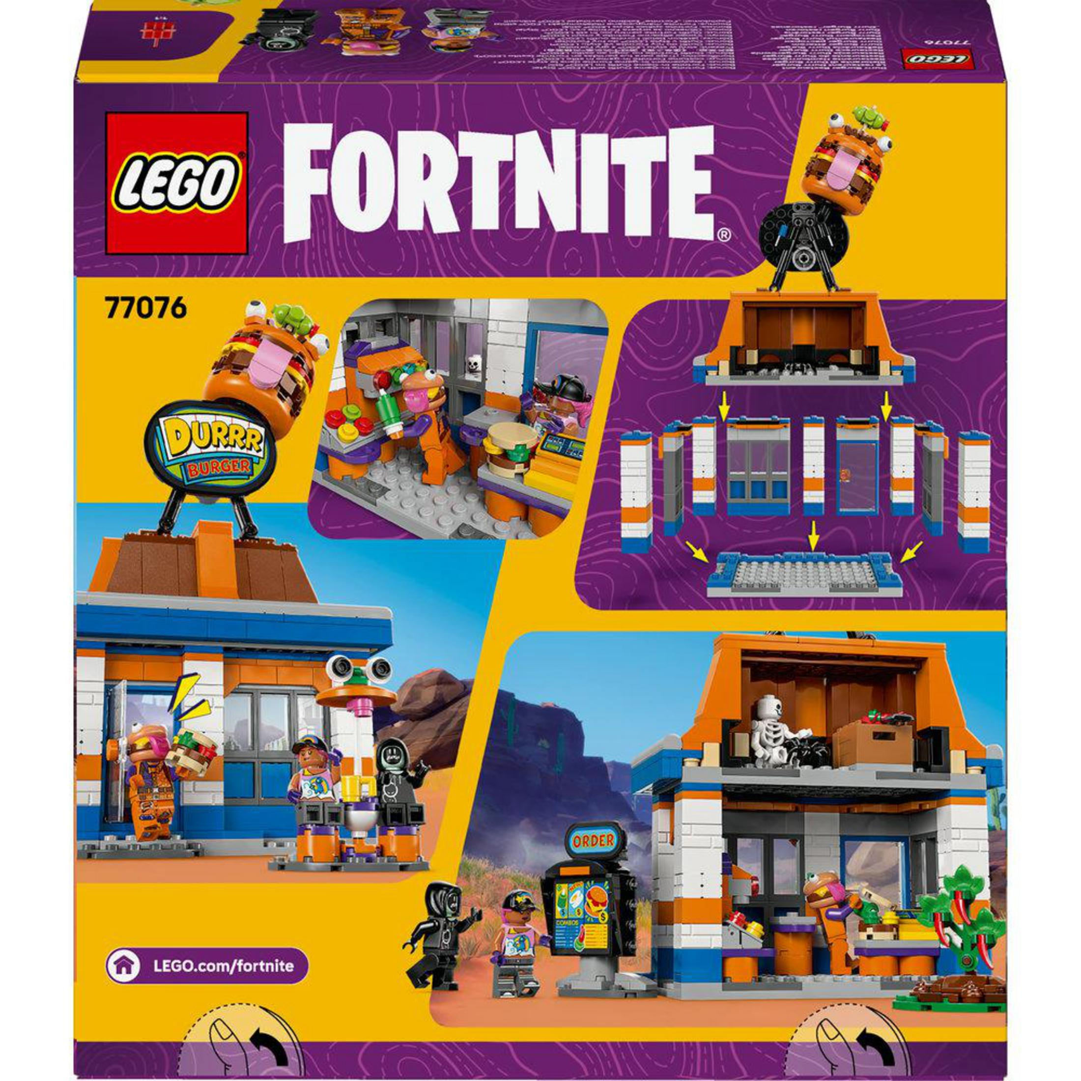 Lego Fortnite seti, çöl manzarasında burger dükkanı, karakterler ve araçlar içeriyor.