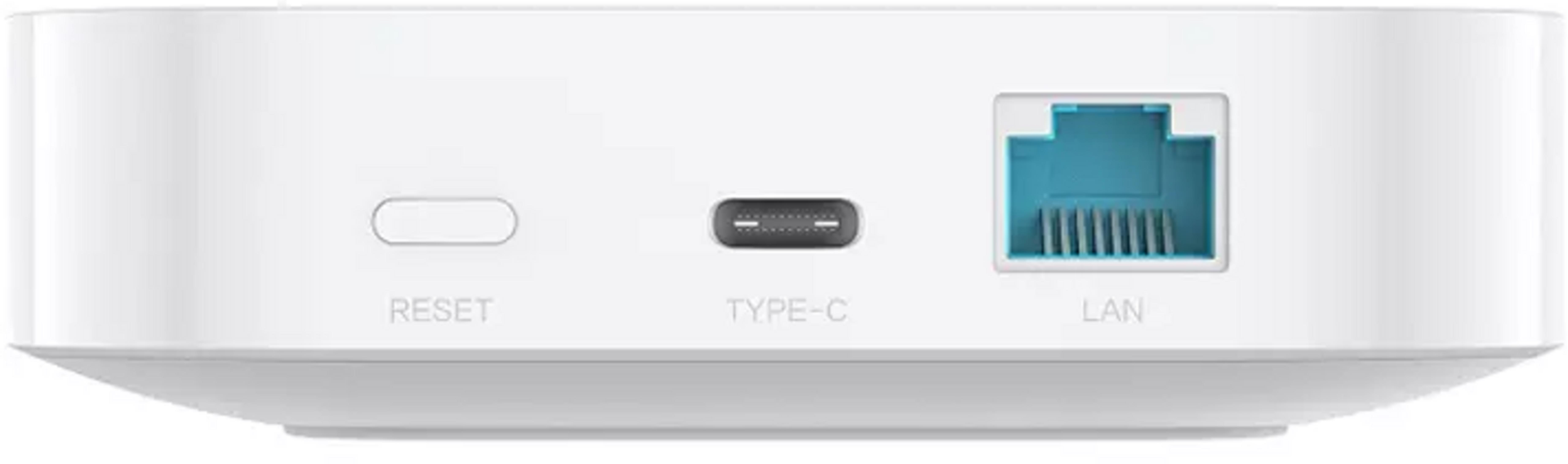 Białe urządzenie z portami: Reset, Type-C i LAN.