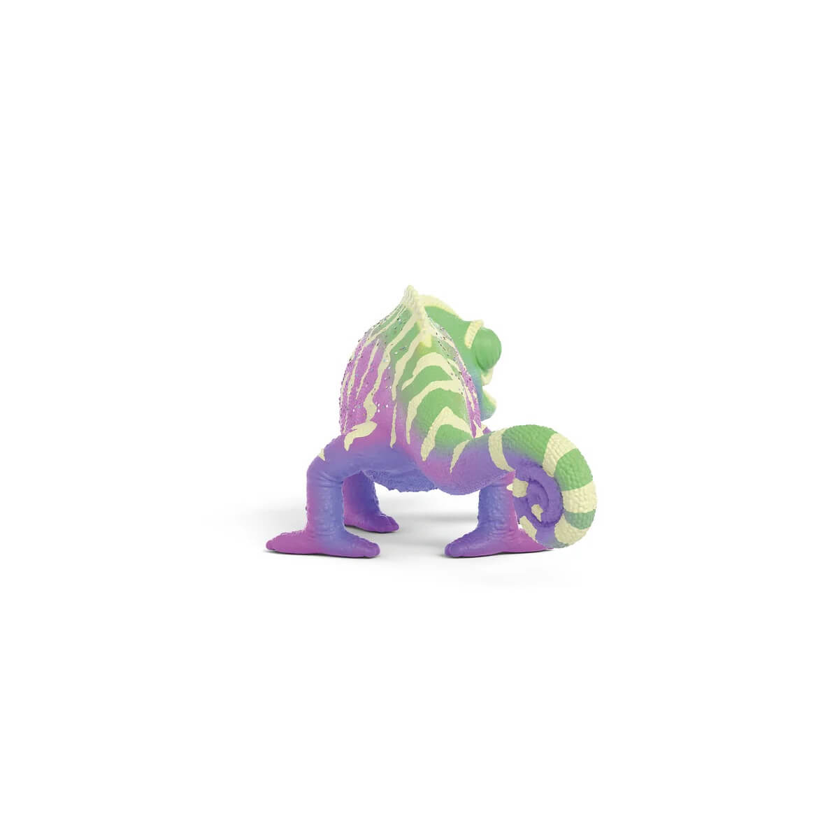 Figurine de caméléon violet et vert à rayures, à quatre pattes.