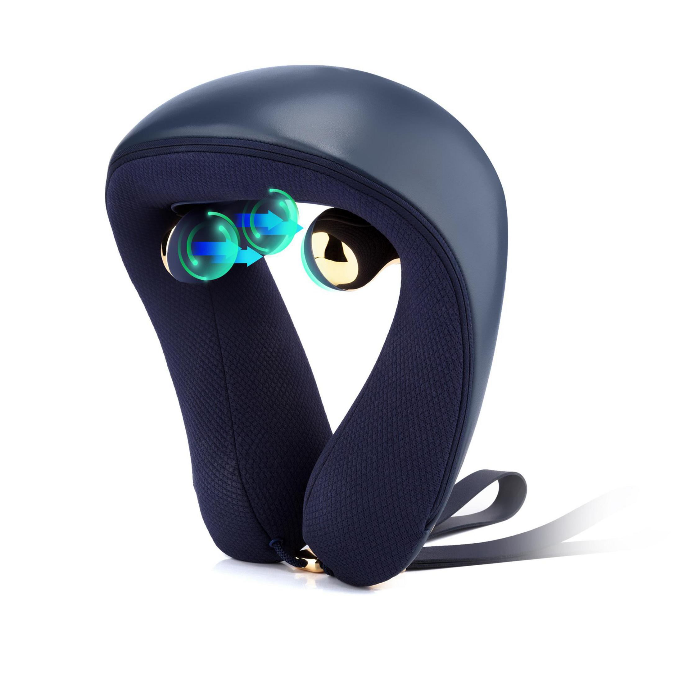 Un masajeador de cuello azul marino con detalles dorados y nodos de masaje verdes brillantes.