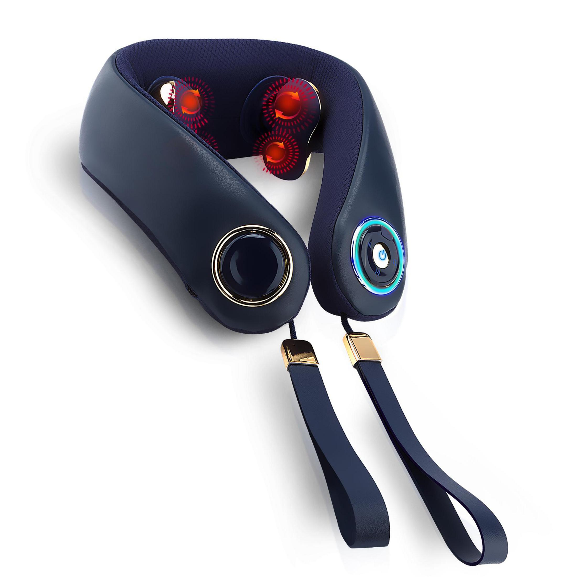 Masajeador de cuello azul oscuro con elementos calefactores y correas.