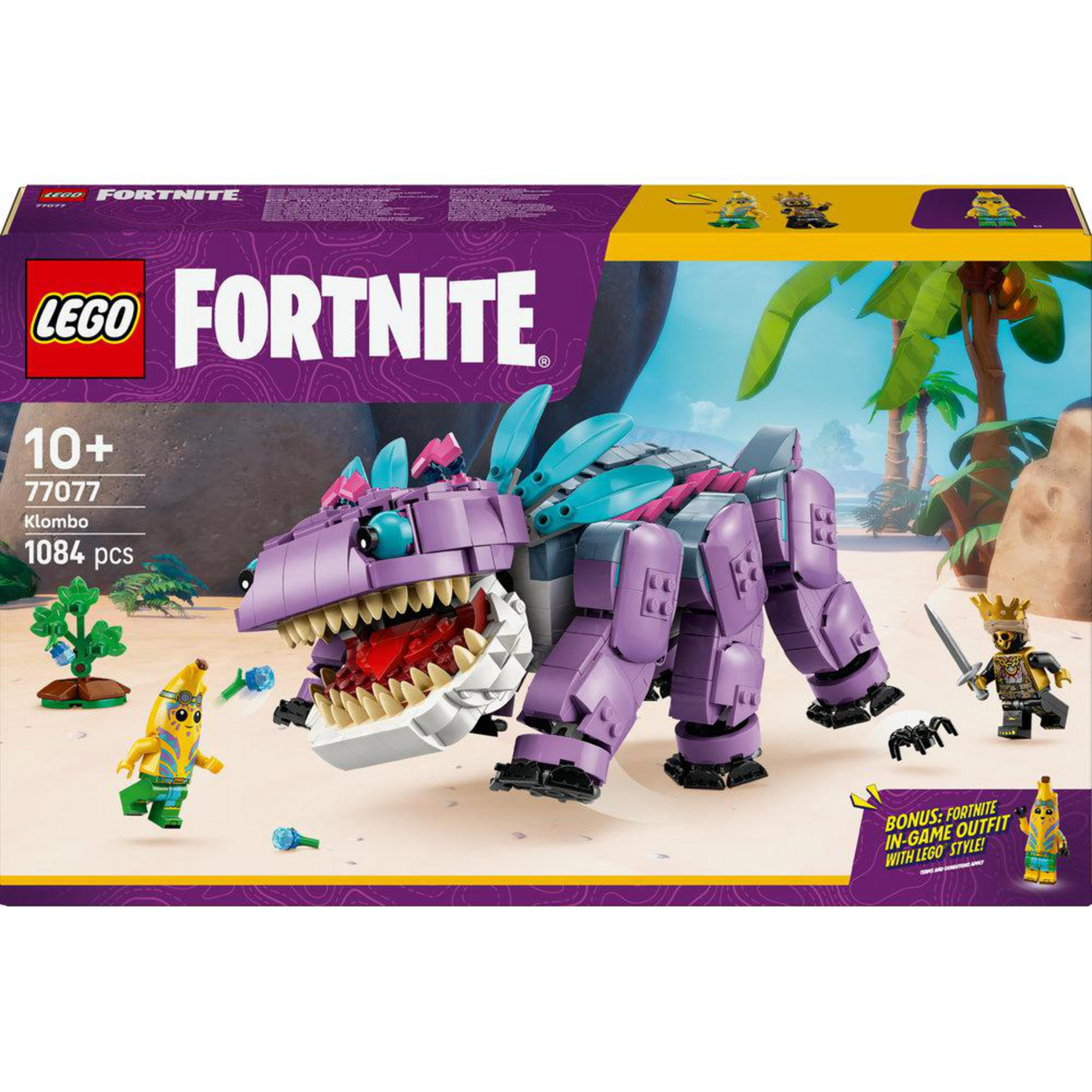 Zestaw Lego Fortnite Klombo z fioletowym dinozaurem, figurką banana i królem.
