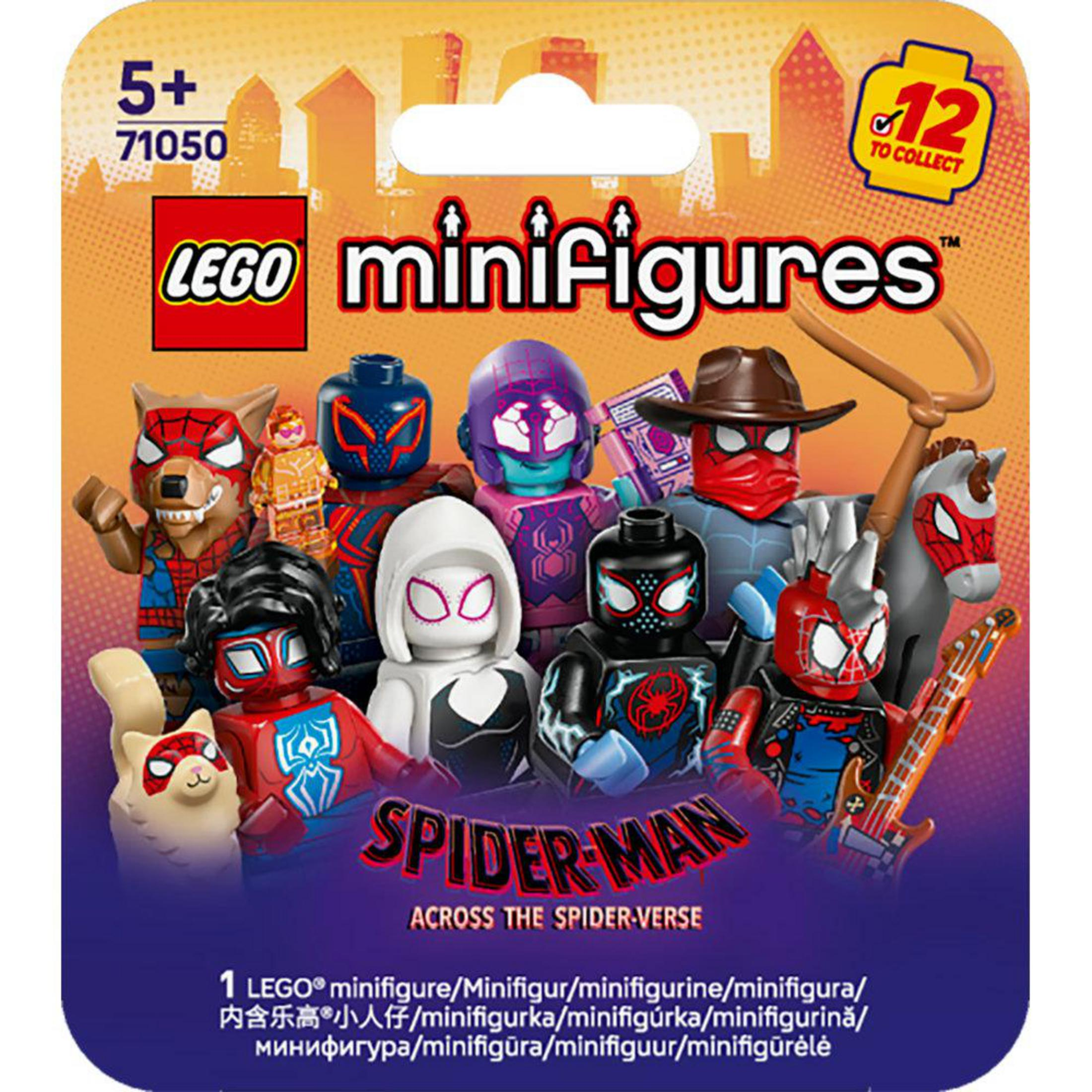 Minifigure Lego di Spider-Man con vari personaggi e accessorio chitarra.