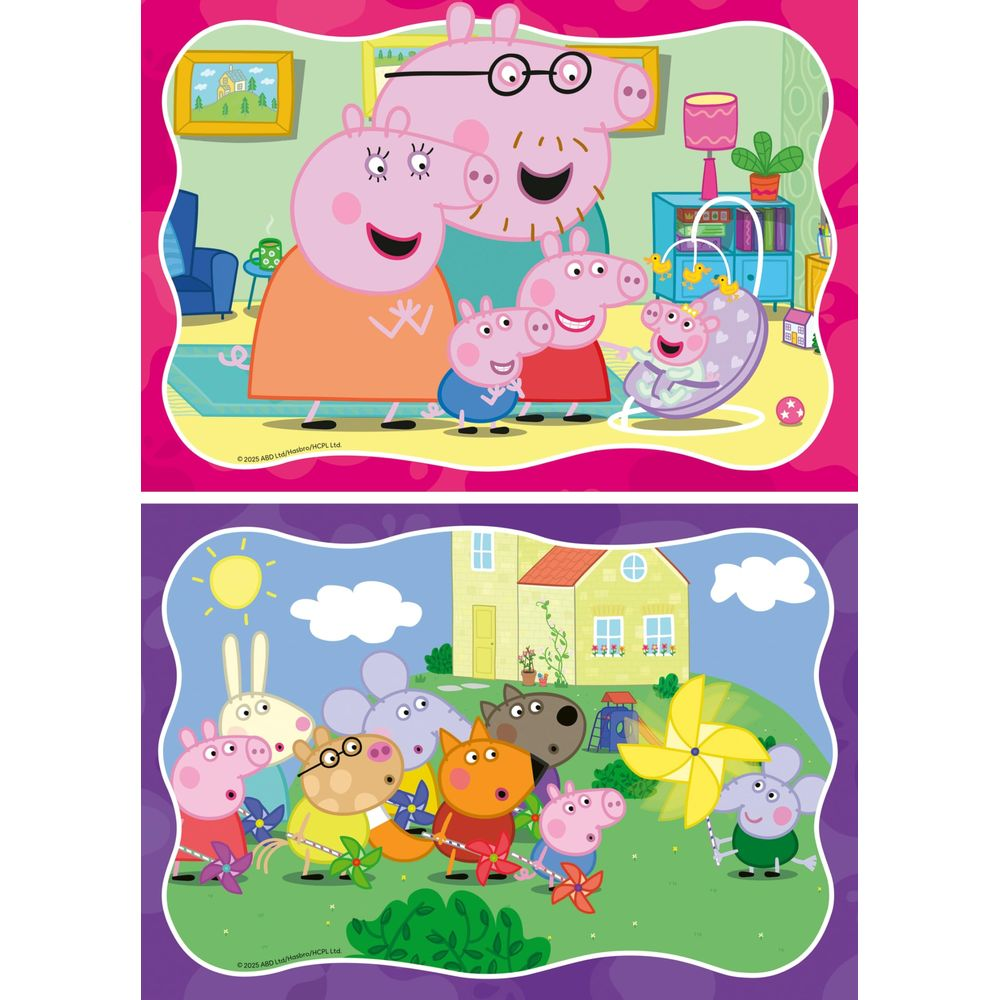 Famiglia Peppa Pig in soggiorno. Bambino nella culla. Fuori, personaggi giocano con girandole.