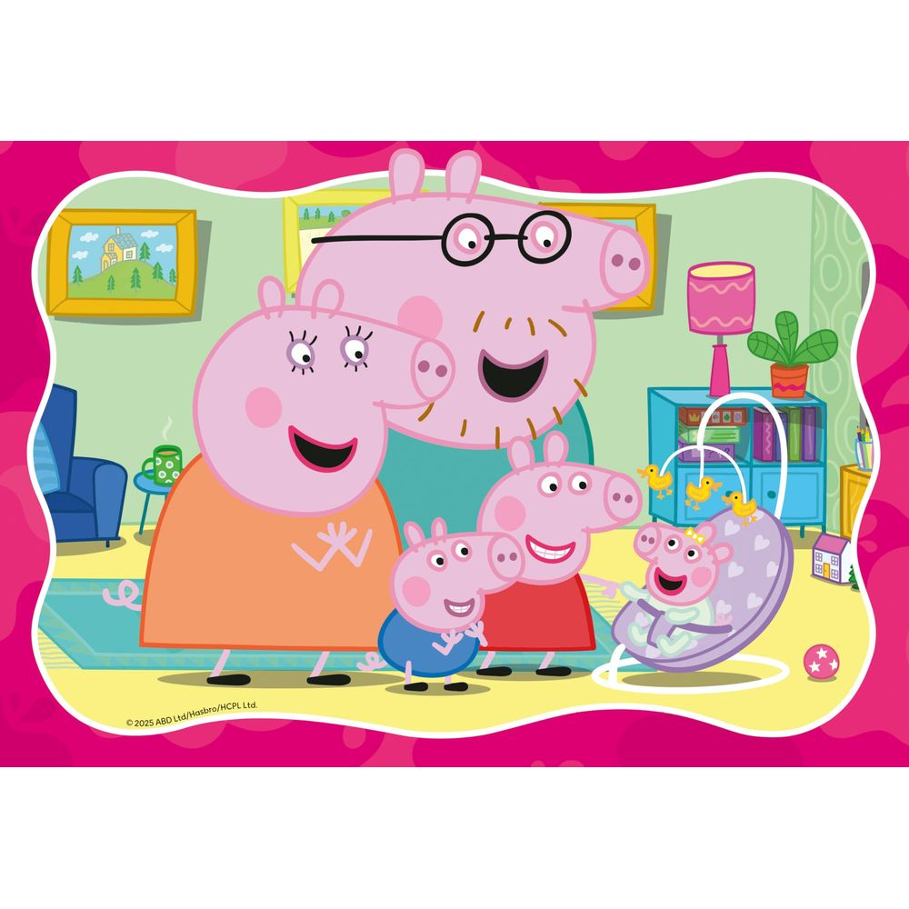 La famiglia Peppa Pig in un soggiorno, con un maialino in una cesta.