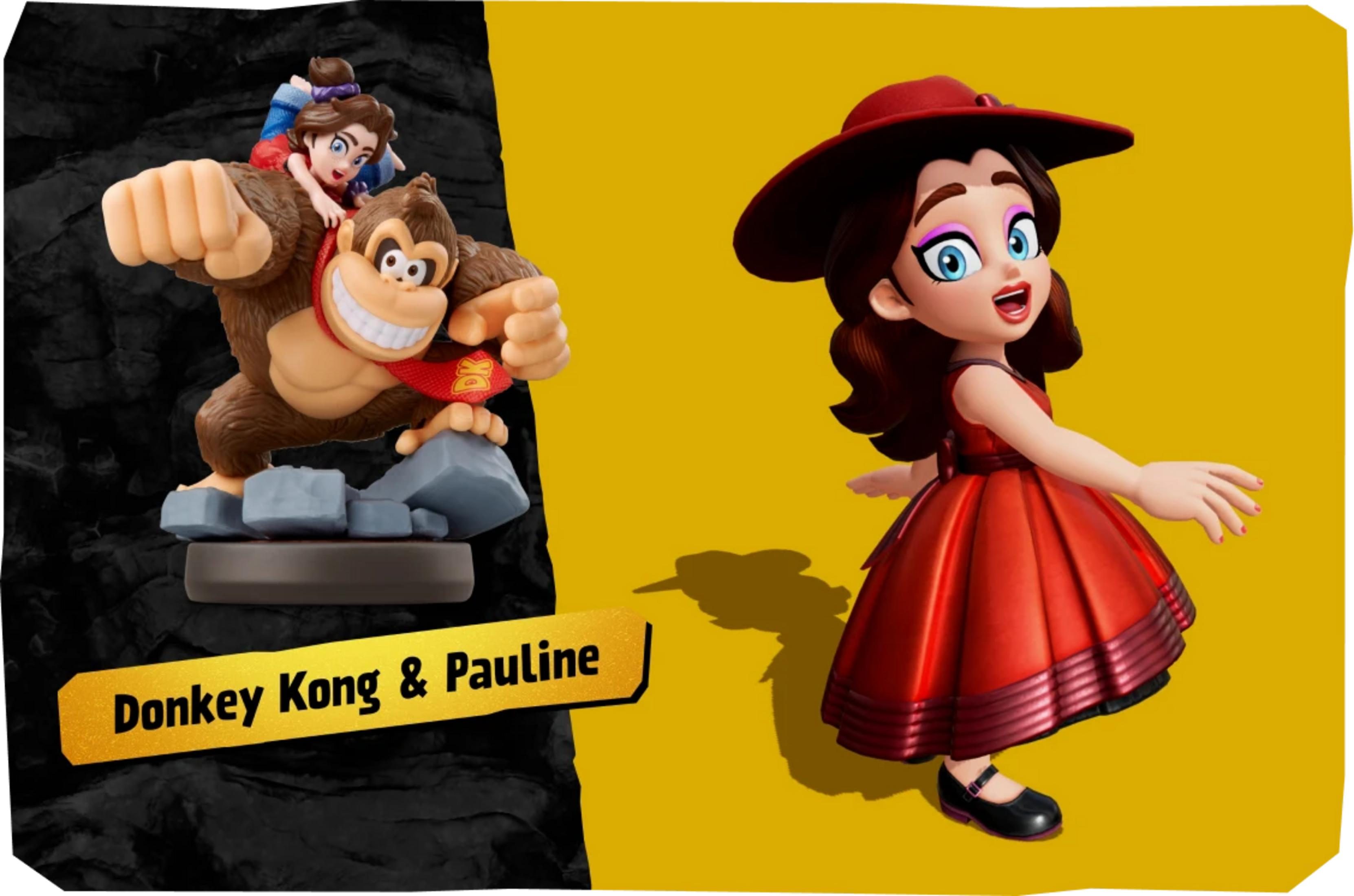 Donkey Kong z Pauline na plecach i Pauline w czerwonej sukience na żółtym tle.