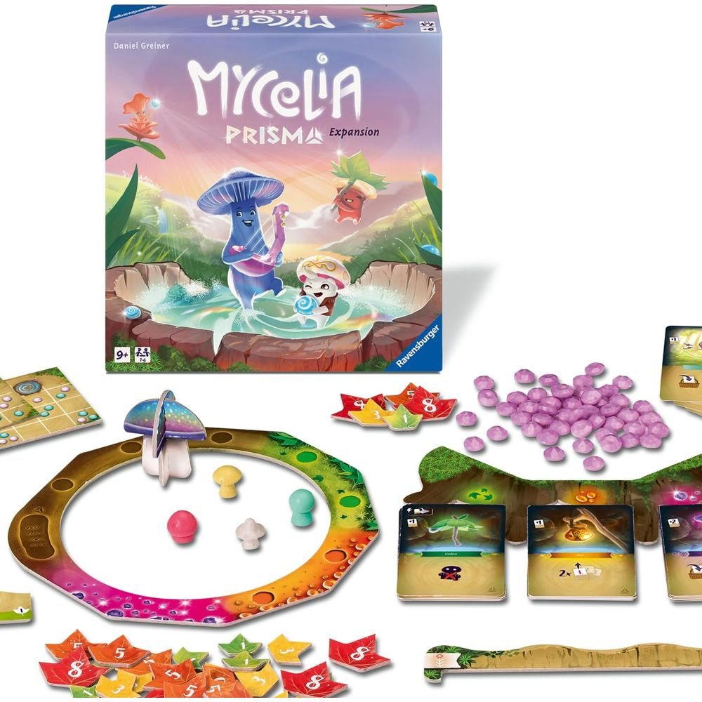 Gioco da tavolo "Mycelia Prisma Expansion" con pezzi, carte e tabellone.