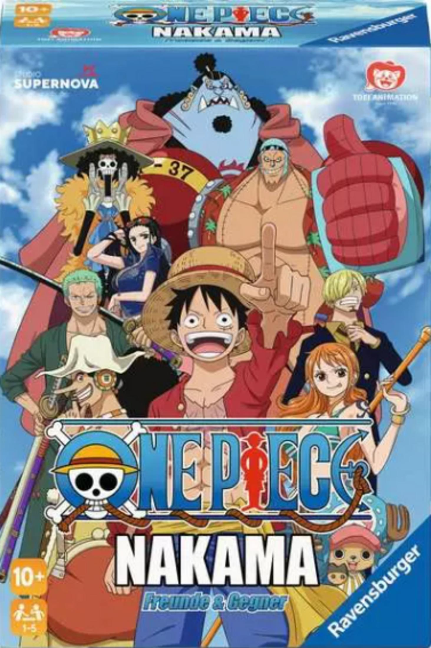 One Piece Nakama Boxart zeigt Luffy und seine Crew in leuchtenden Farben vor blauem Himmel.