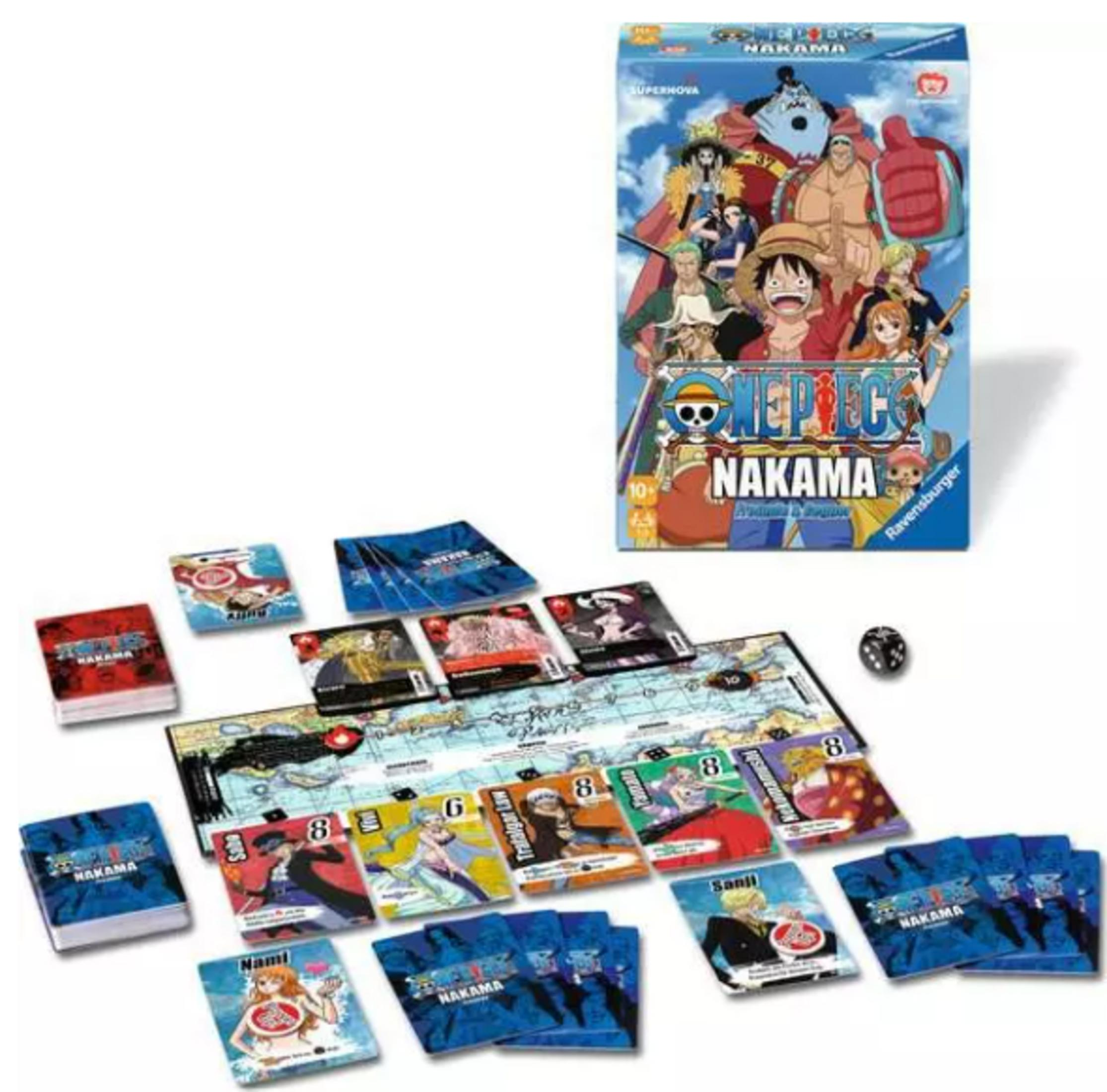 Ein Brettspiel mit One Piece Charakteren, Karten und einem Würfel.