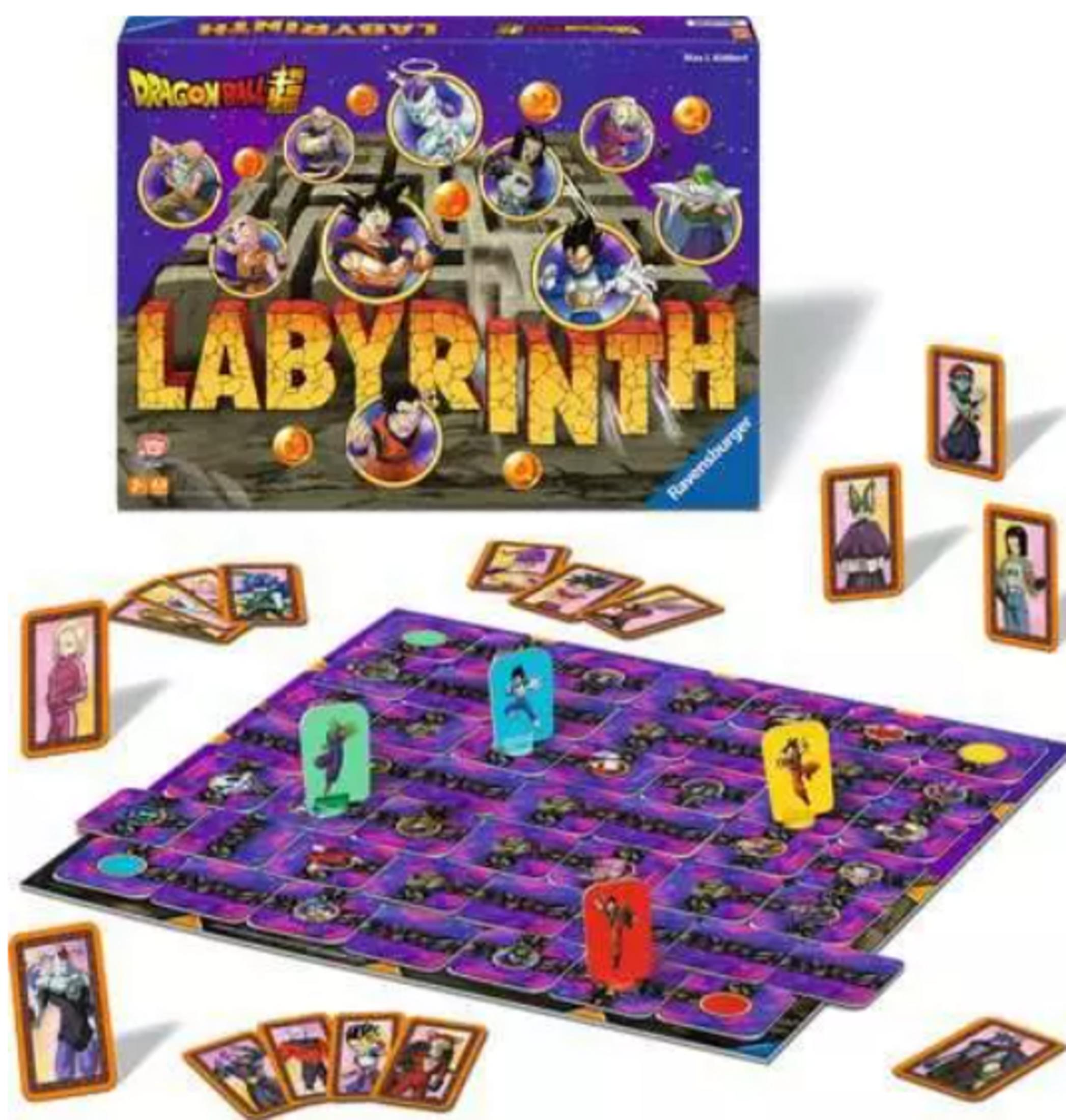 Gioco da tavolo Labyrinth di Dragon Ball con figure e carte su un tabellone viola.