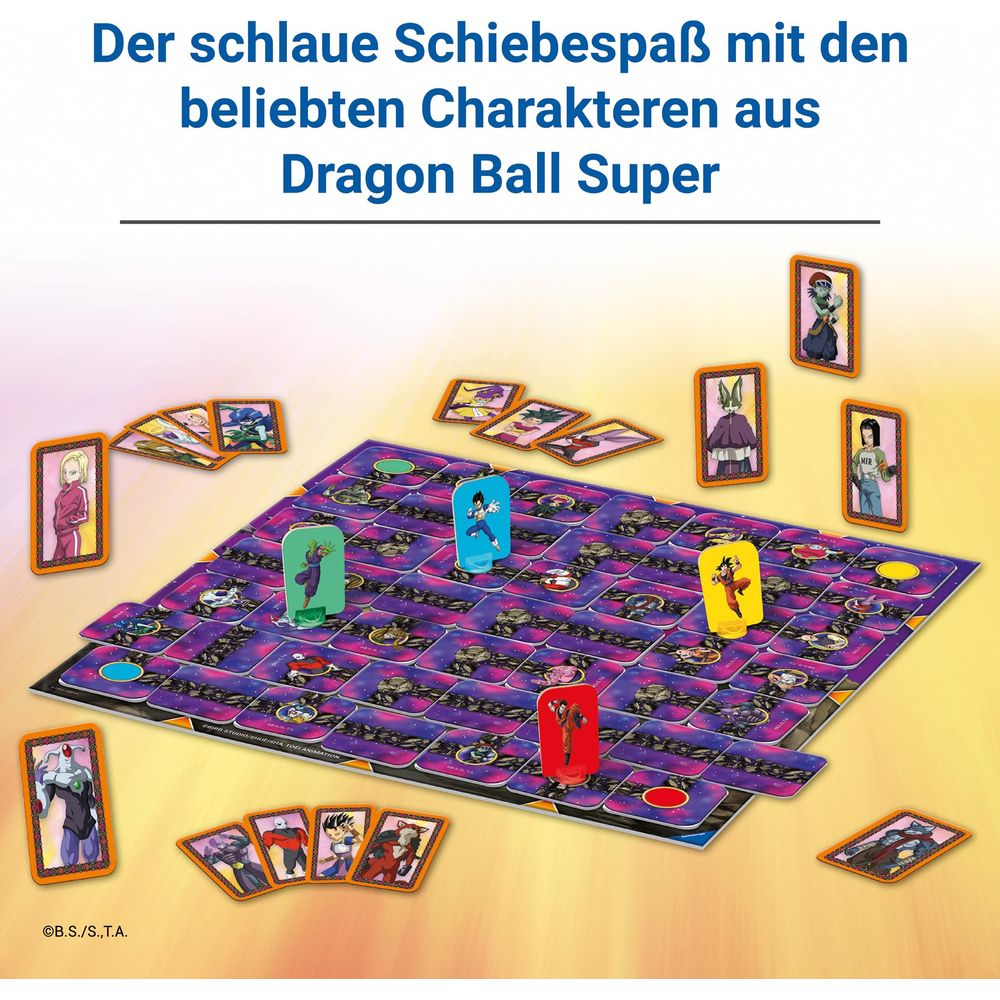 Gioco da tavolo Dragon Ball Super con figure e carte personaggio su tabellone viola.