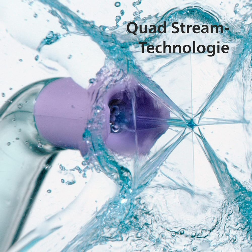Ugello viola spruzza acqua a stella. Testo: Quad Stream Technologie.