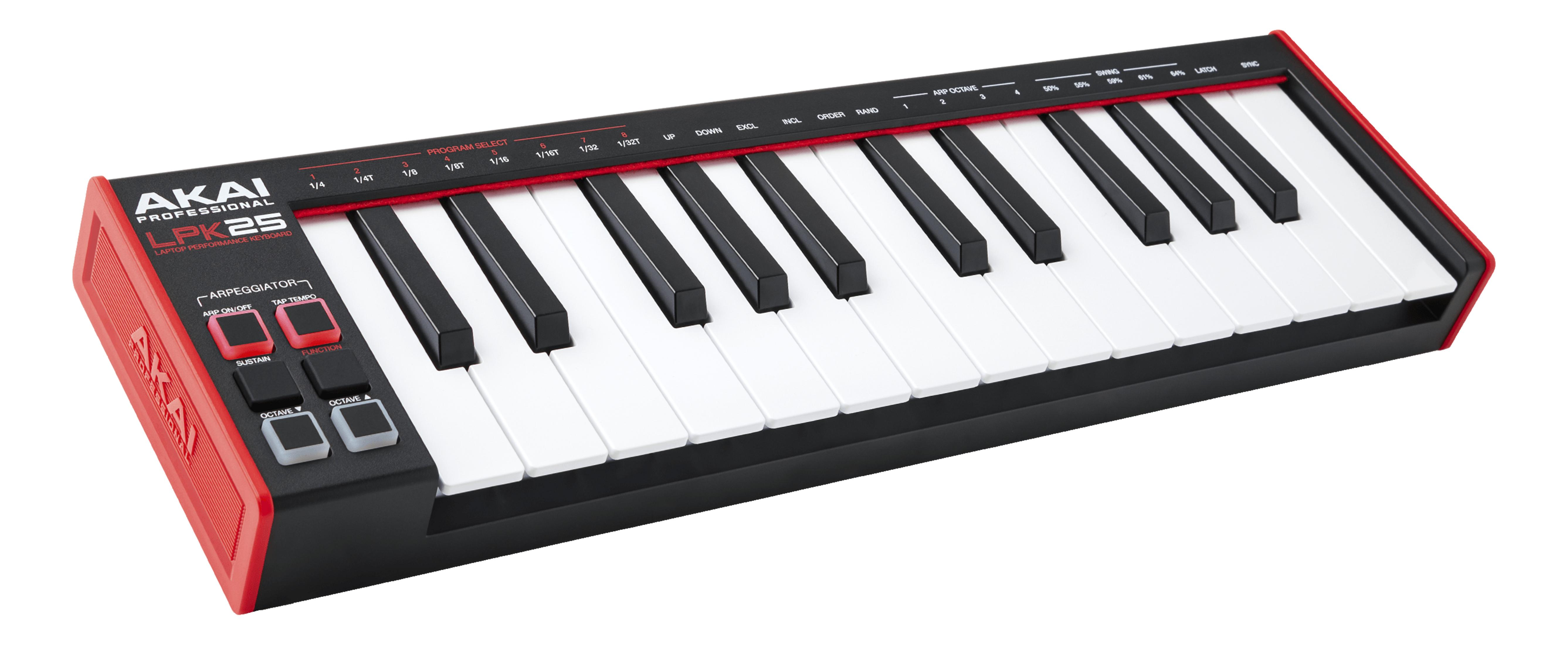 Czarno-czerwony kontroler MIDI Akai LPK25 z klawiaturą.