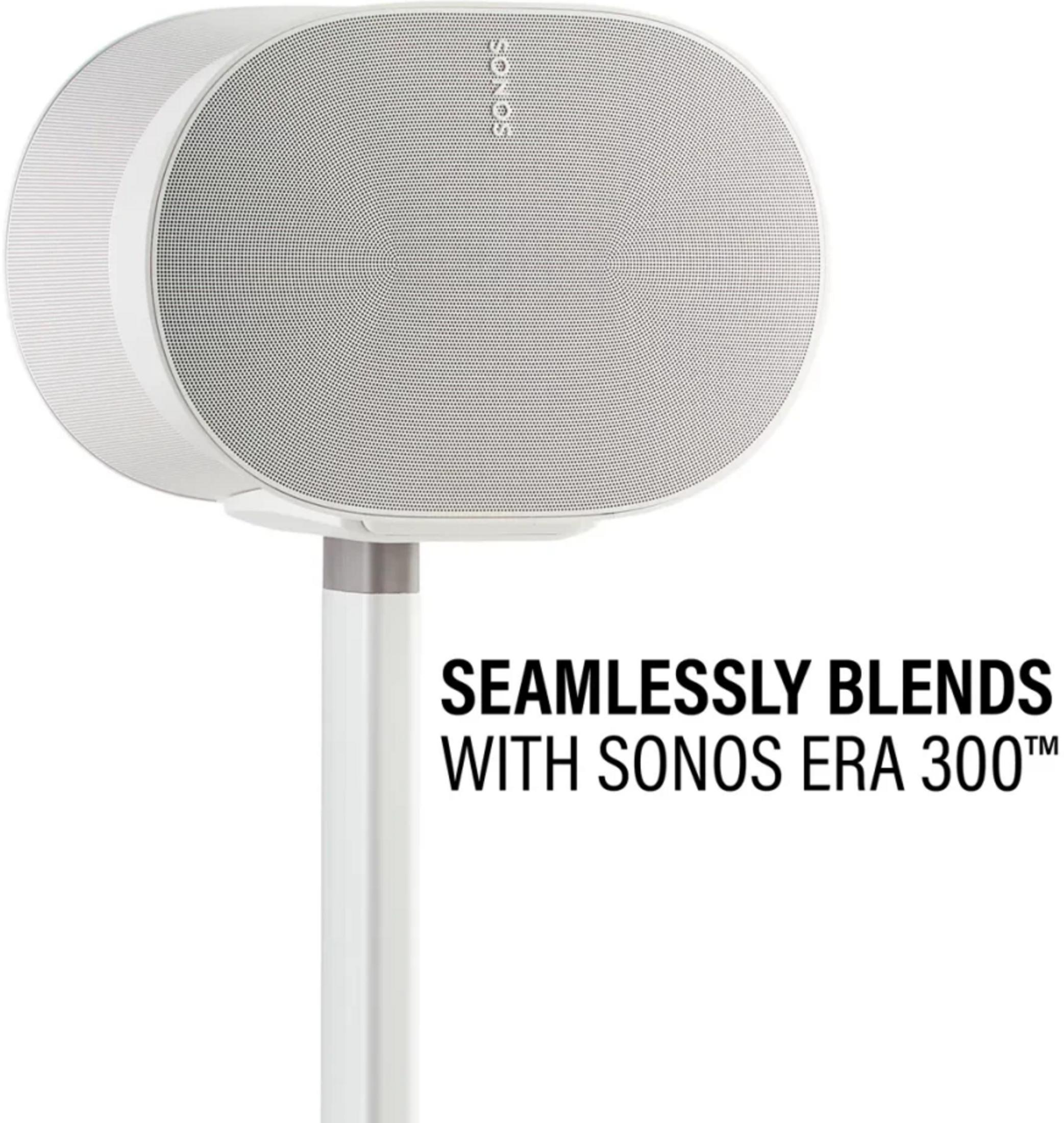 Weiße Sonos Lautsprecher auf weißem Ständer mit Text.