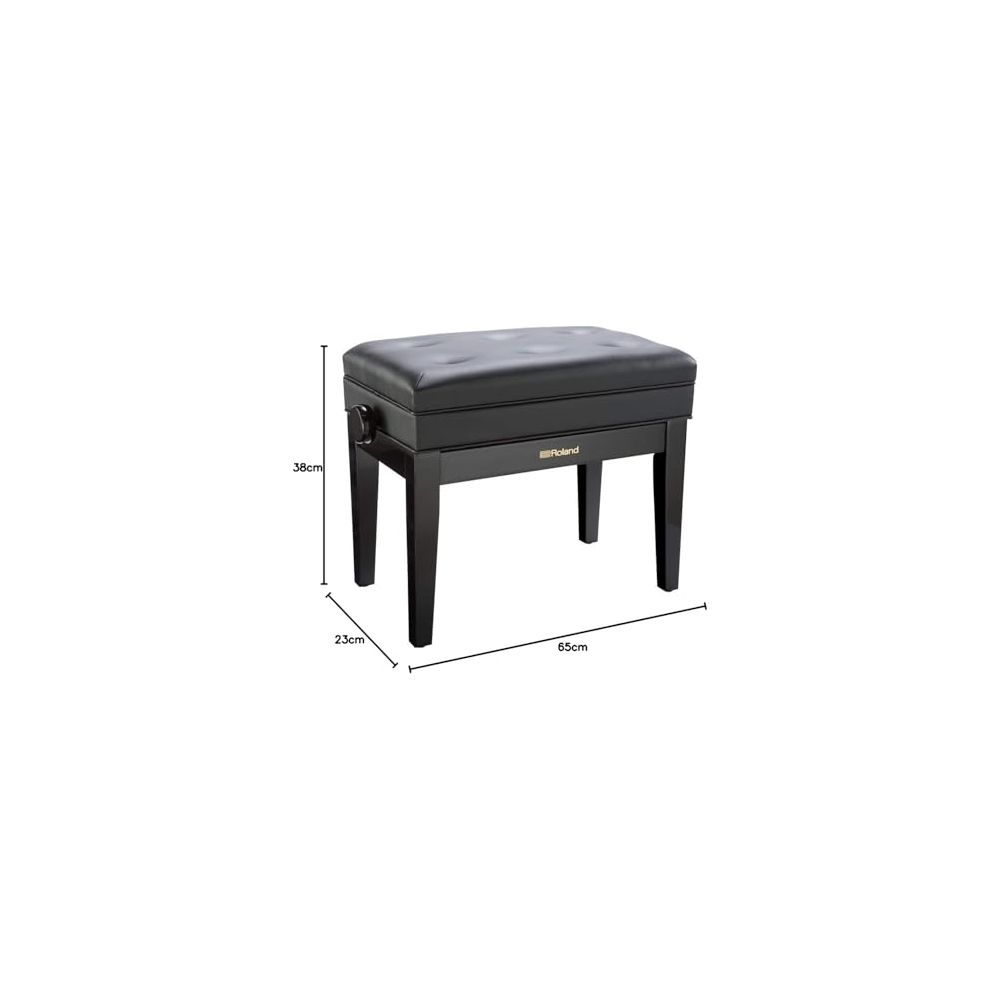 Zwarte pianokruk met Roland-logo, afmetingen 65x38x23cm.