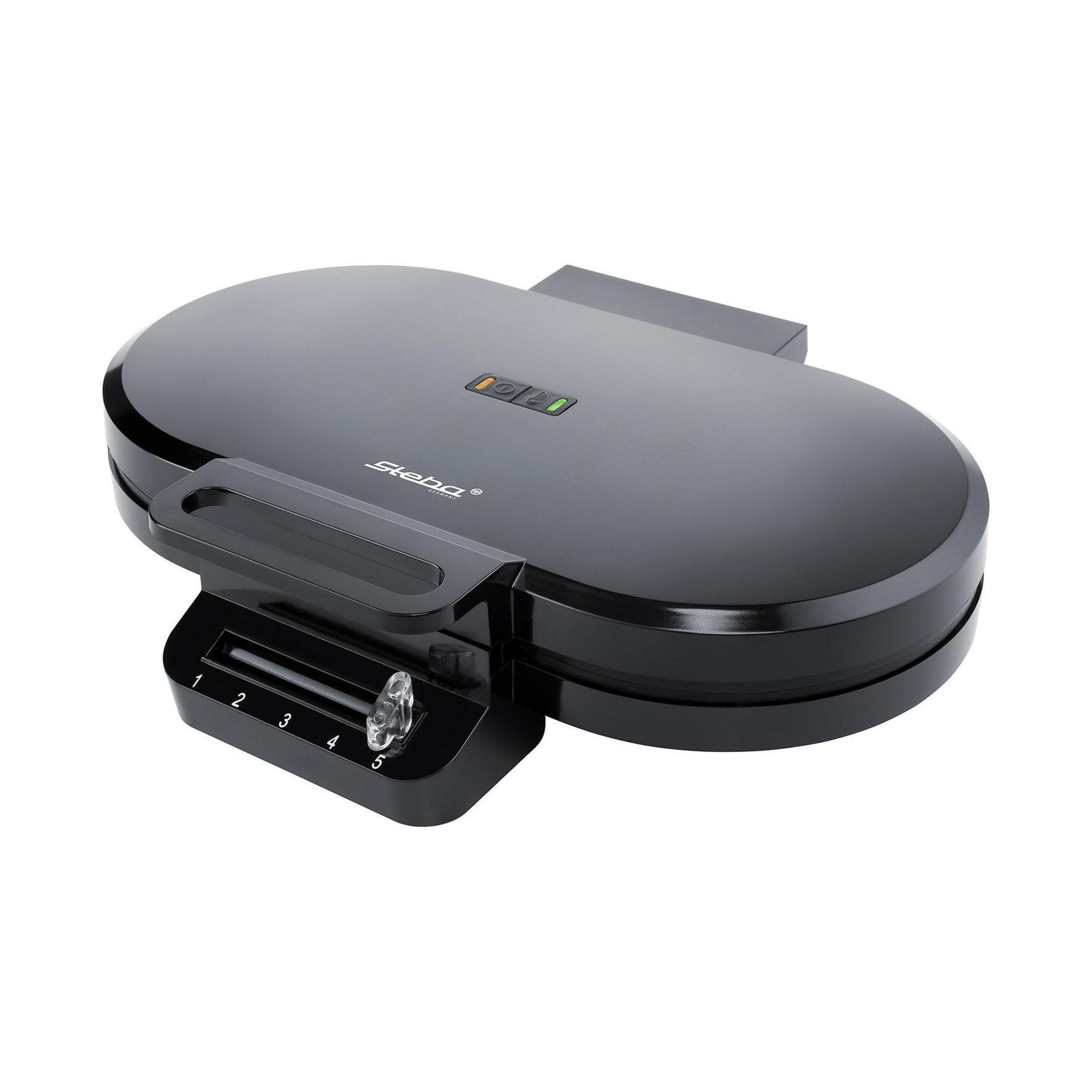 Macchina per waffle nera con controllo temperatura e spie luminose.