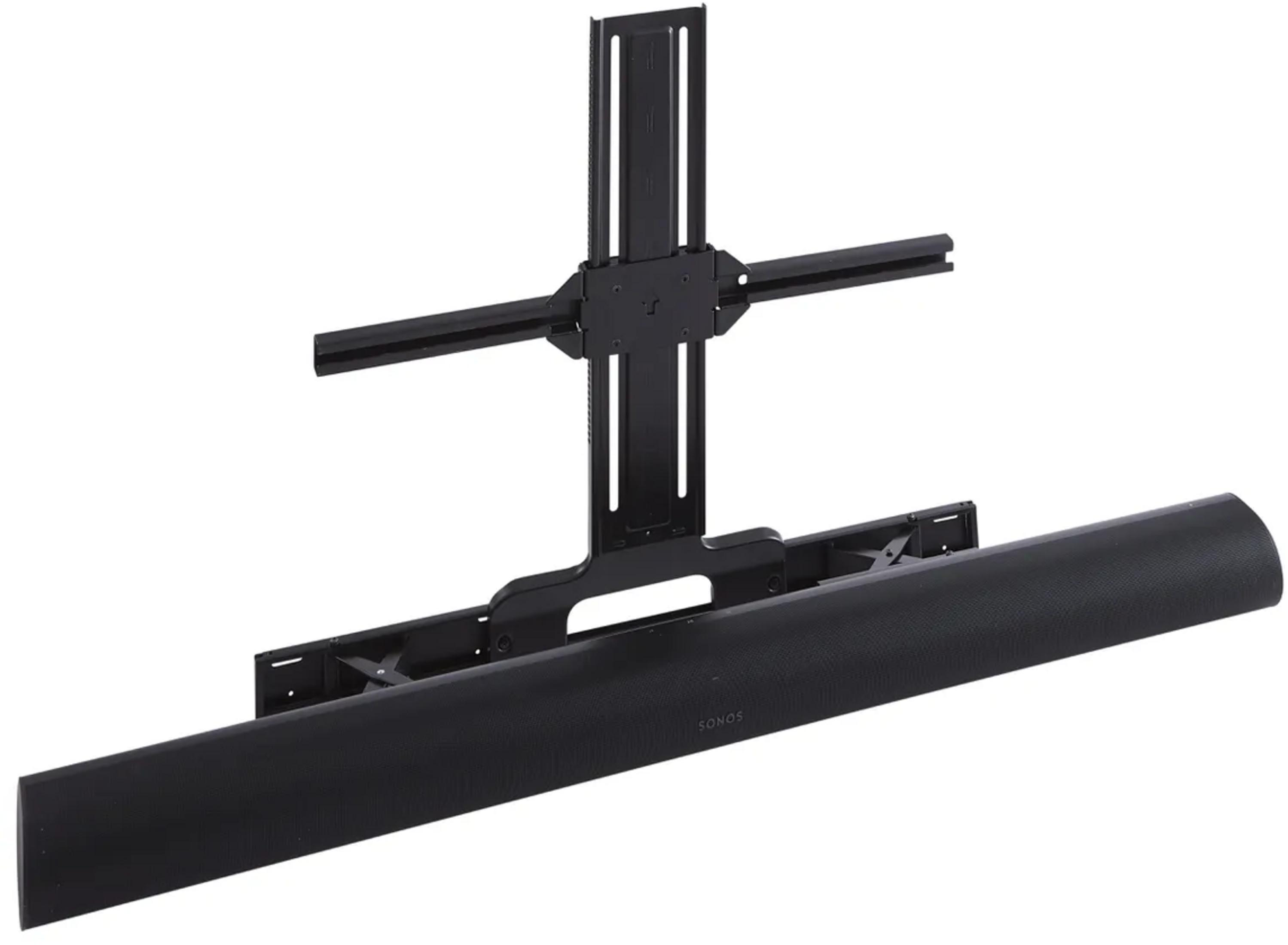 Zwarte Sonos soundbar met muurbeugel.