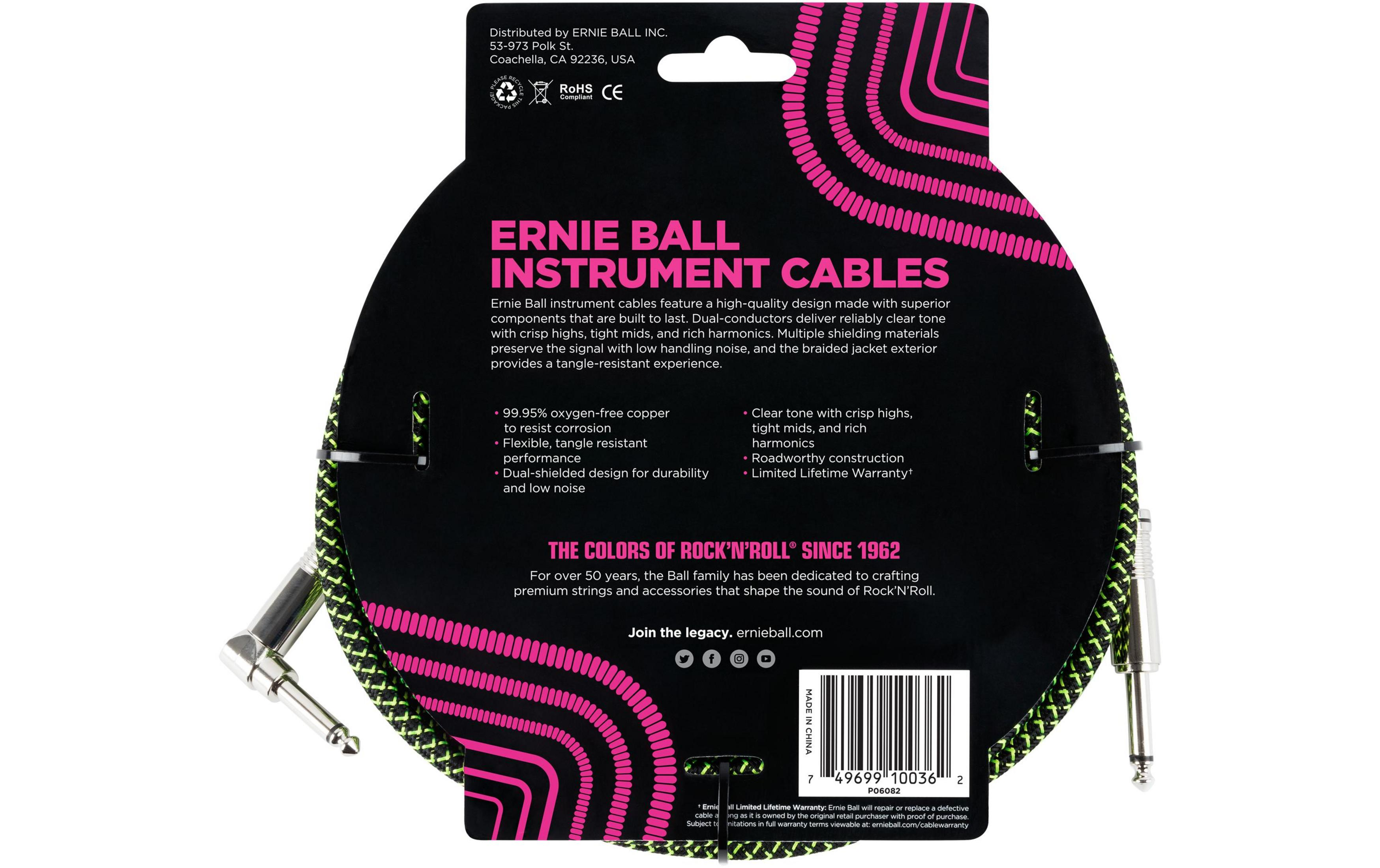 Cavo per strumenti Ernie Ball con motivo nero, rosa e verde e spina angolata.