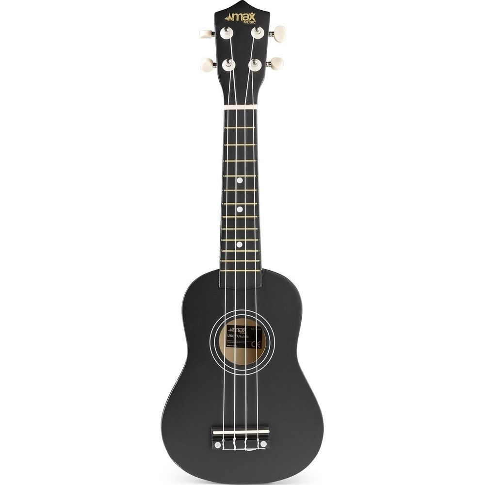 Una ukelele negra con cuatro cuerdas y el logo de Max Music arriba.