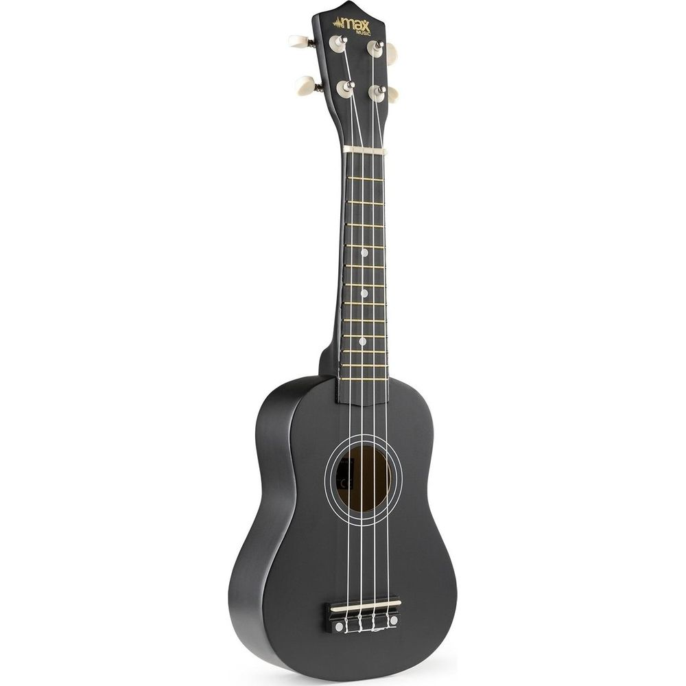 Una ukelele negra con cuatro cuerdas, clavijas y el logo de Max Music.