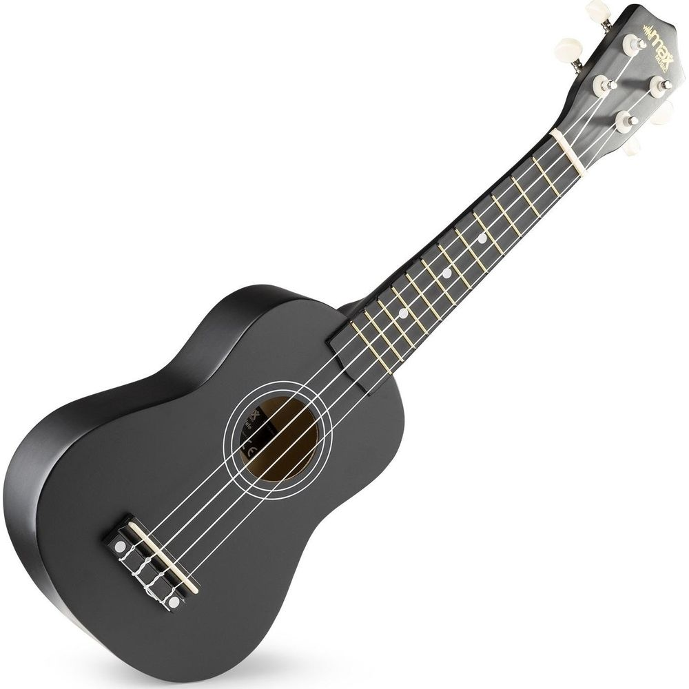 Una ukelele negra con cuerdas y clavijas de afinación.