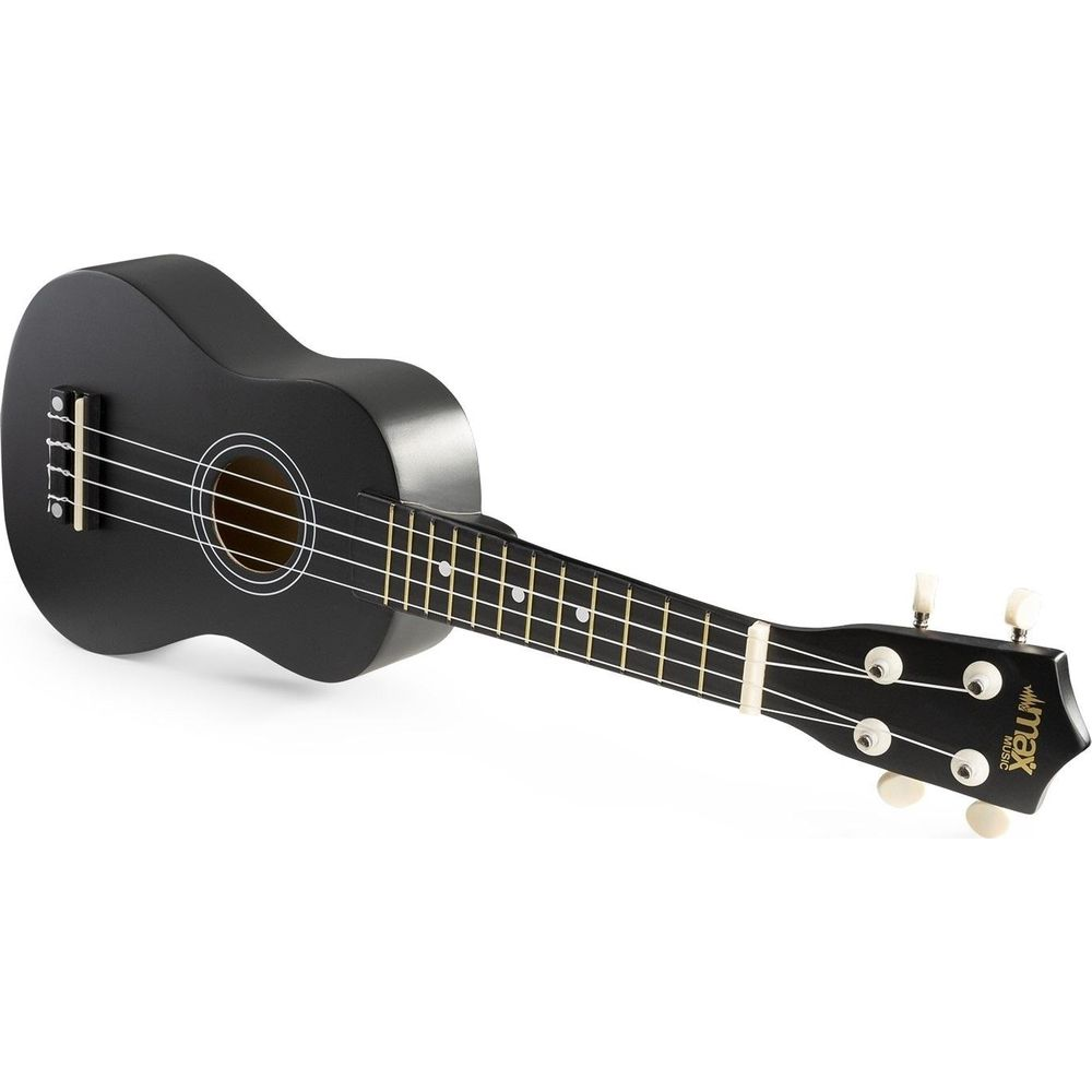 Un ukelele negro con clavijas y cuerdas blancas descansa sobre fondo blanco.