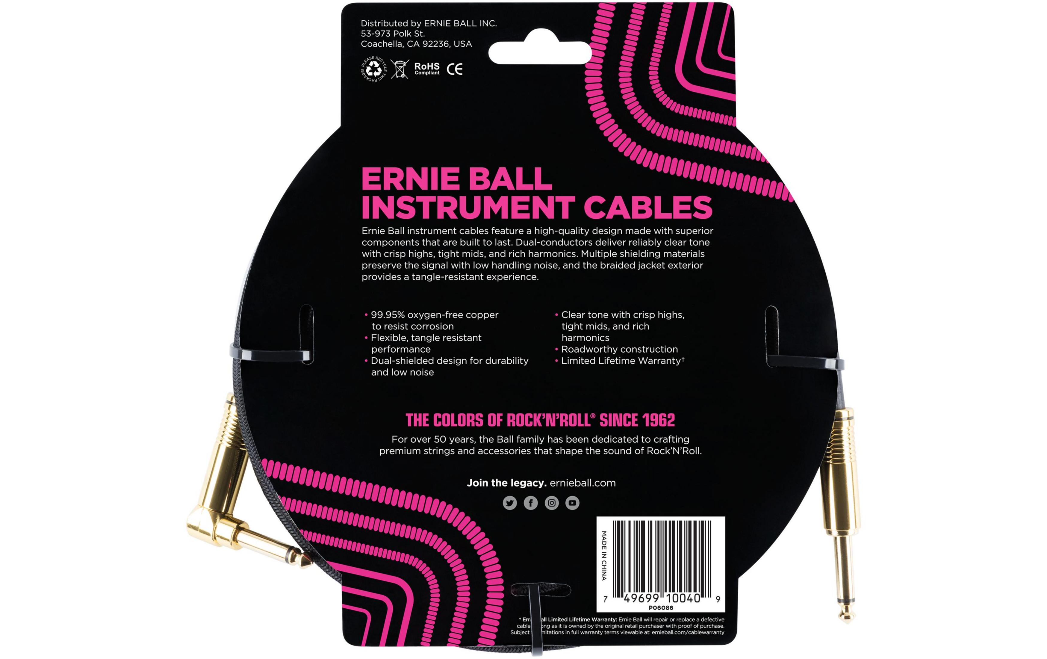 Confezione cavo strumento Ernie Ball con spina dorata a 90 gradi.