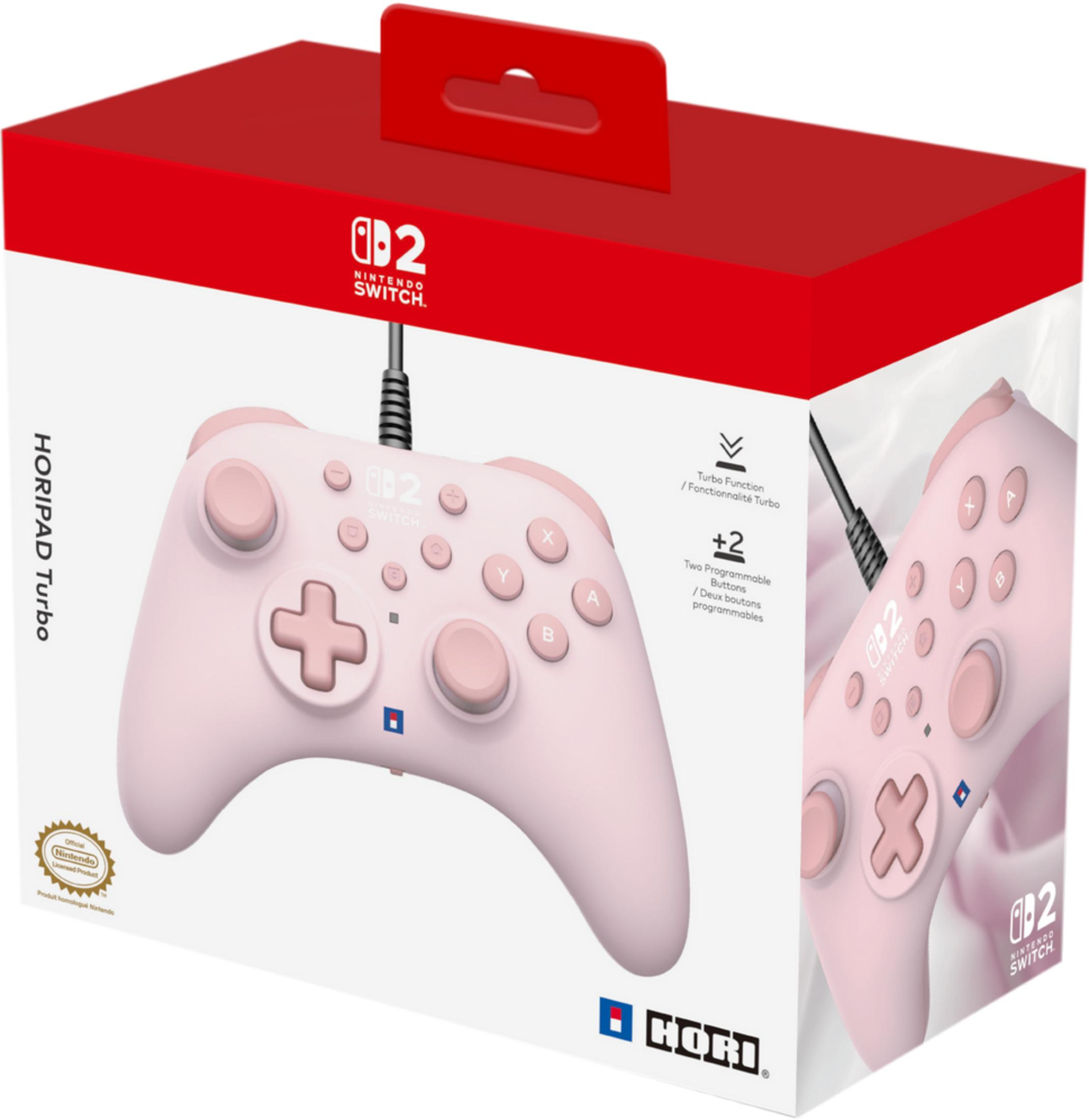 Różowy kontroler Nintendo Switch z napisem HORIPAD Turbo.