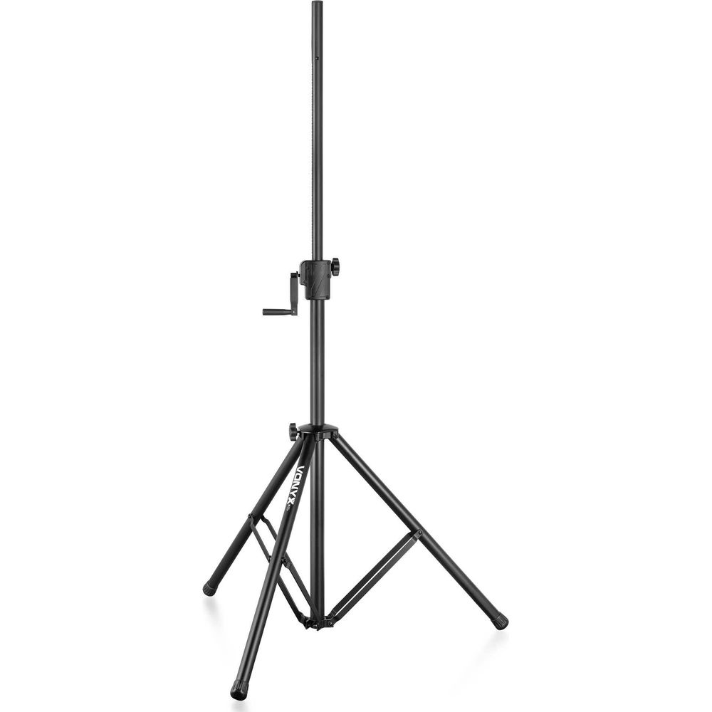 Soporte negro para altavoz con altura ajustable y manivela.