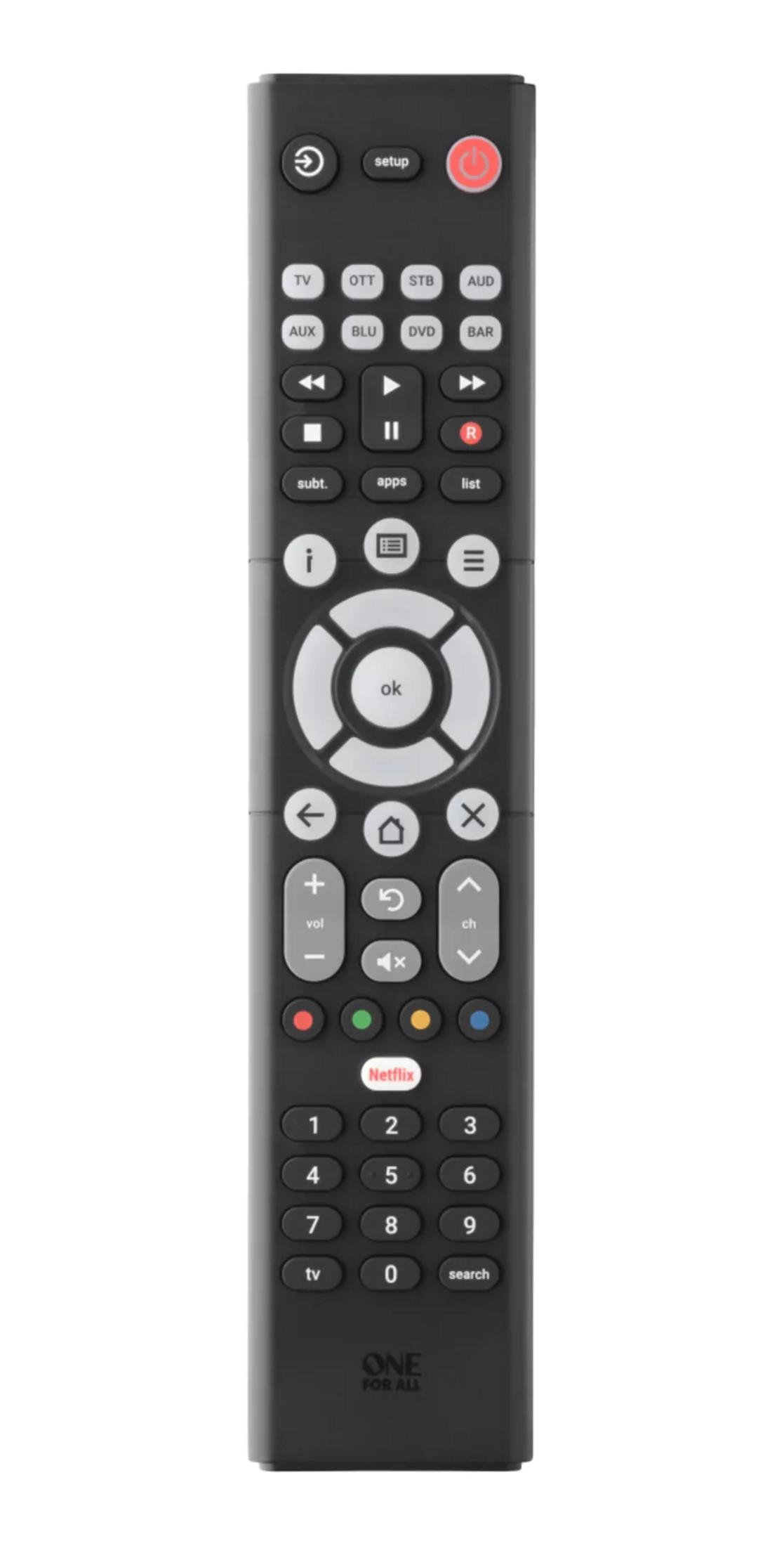 Czarny pilot z przyciskami i logo Netflix.