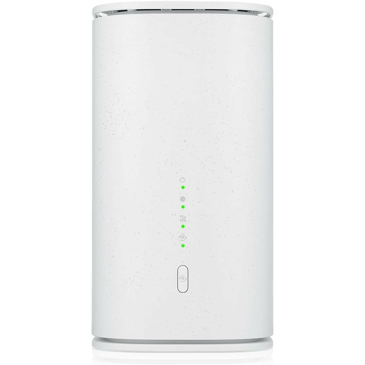 Ein weißer 5G-Router mit leuchtenden grünen Indikatoren, auf weißem Hintergrund.
