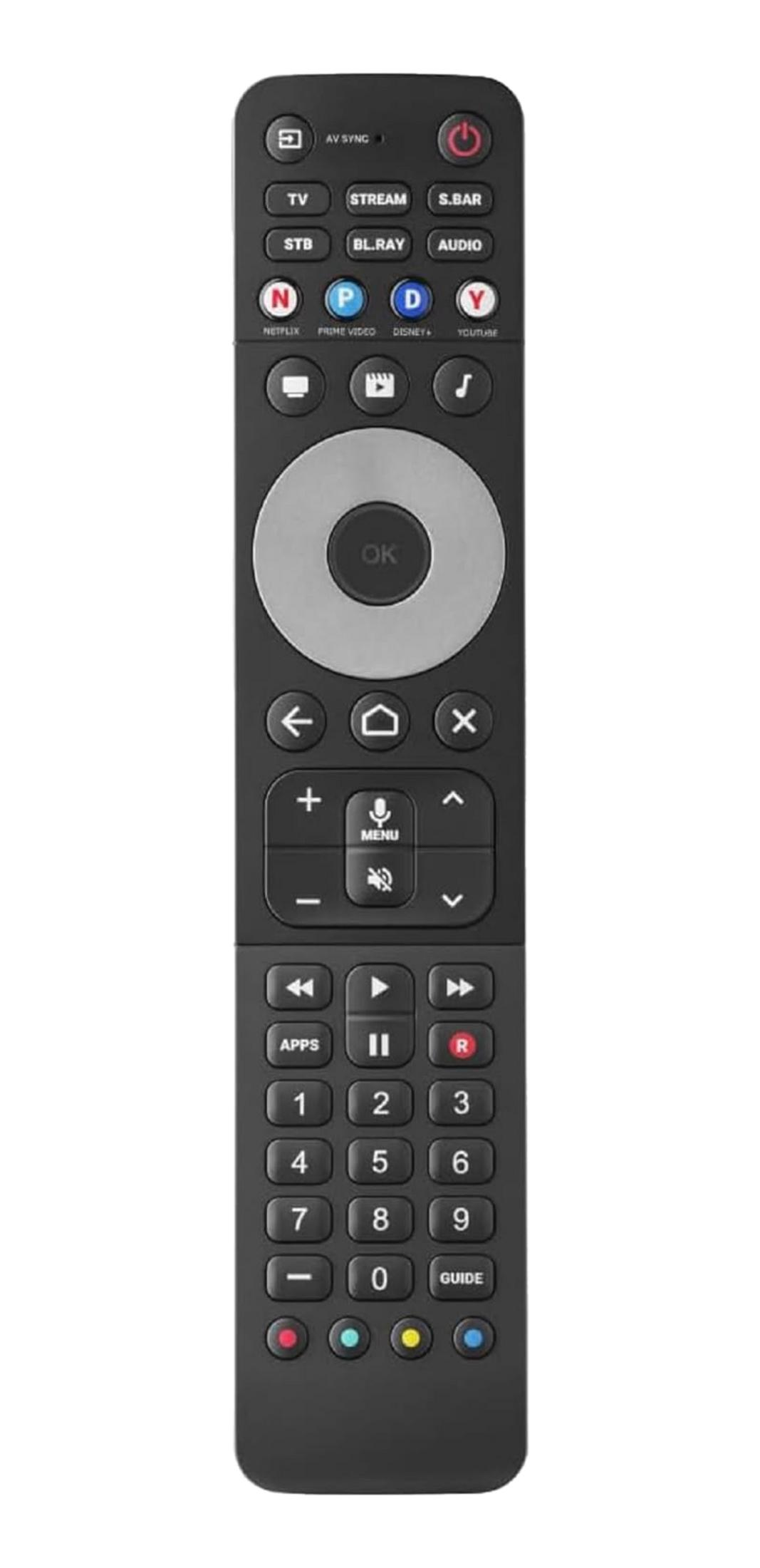 Czarny pilot z wieloma przyciskami do TV, streamingu i aplikacji.