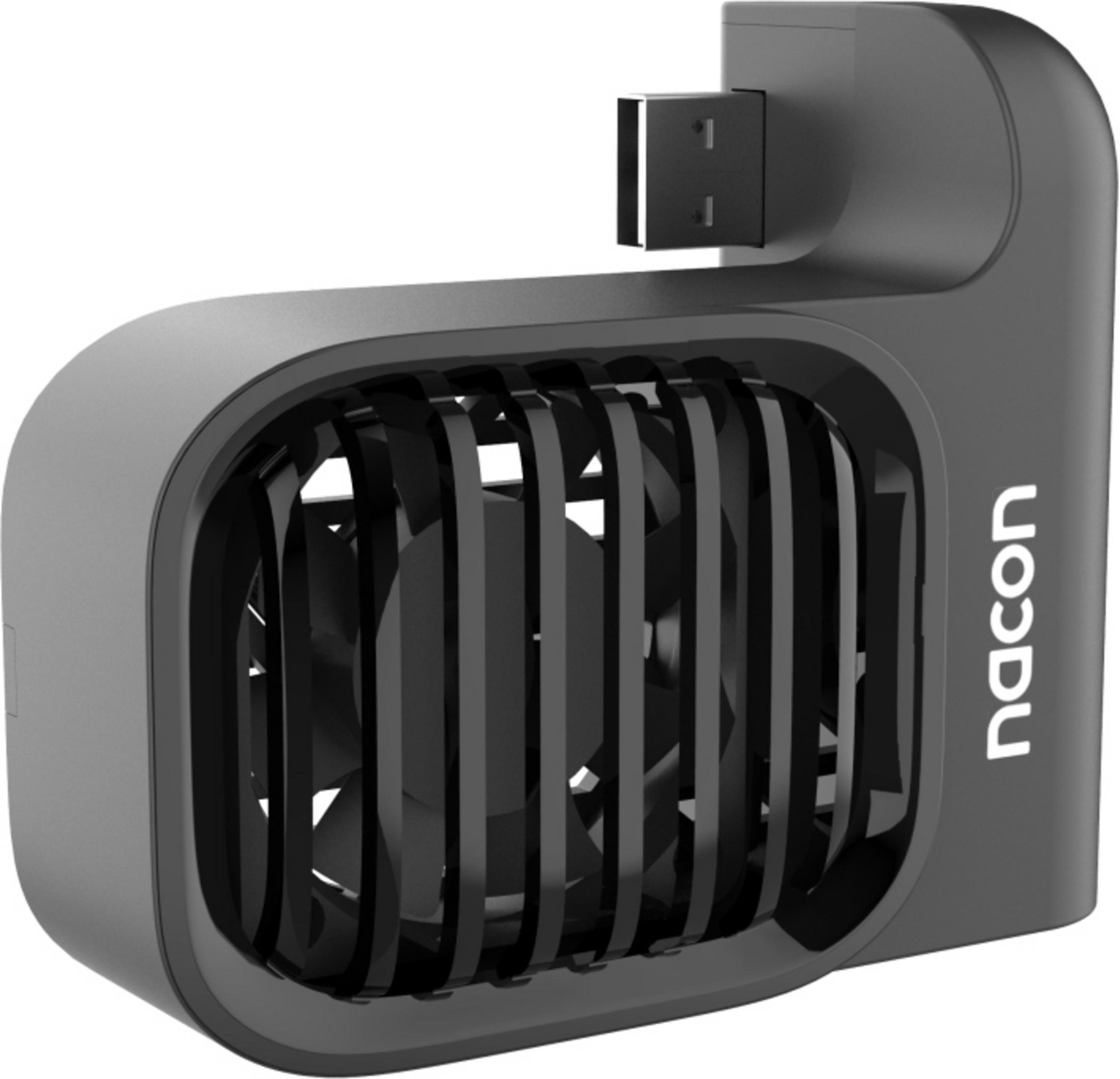 Un ventilador USB negro con aspas y el logo de Nacon.