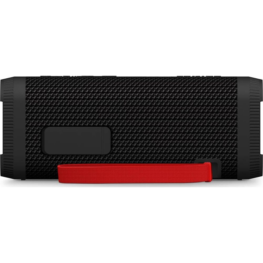 Haut-parleur Bluetooth noir avec sangle rouge. Motif de grille, renfoncement rectangulaire.