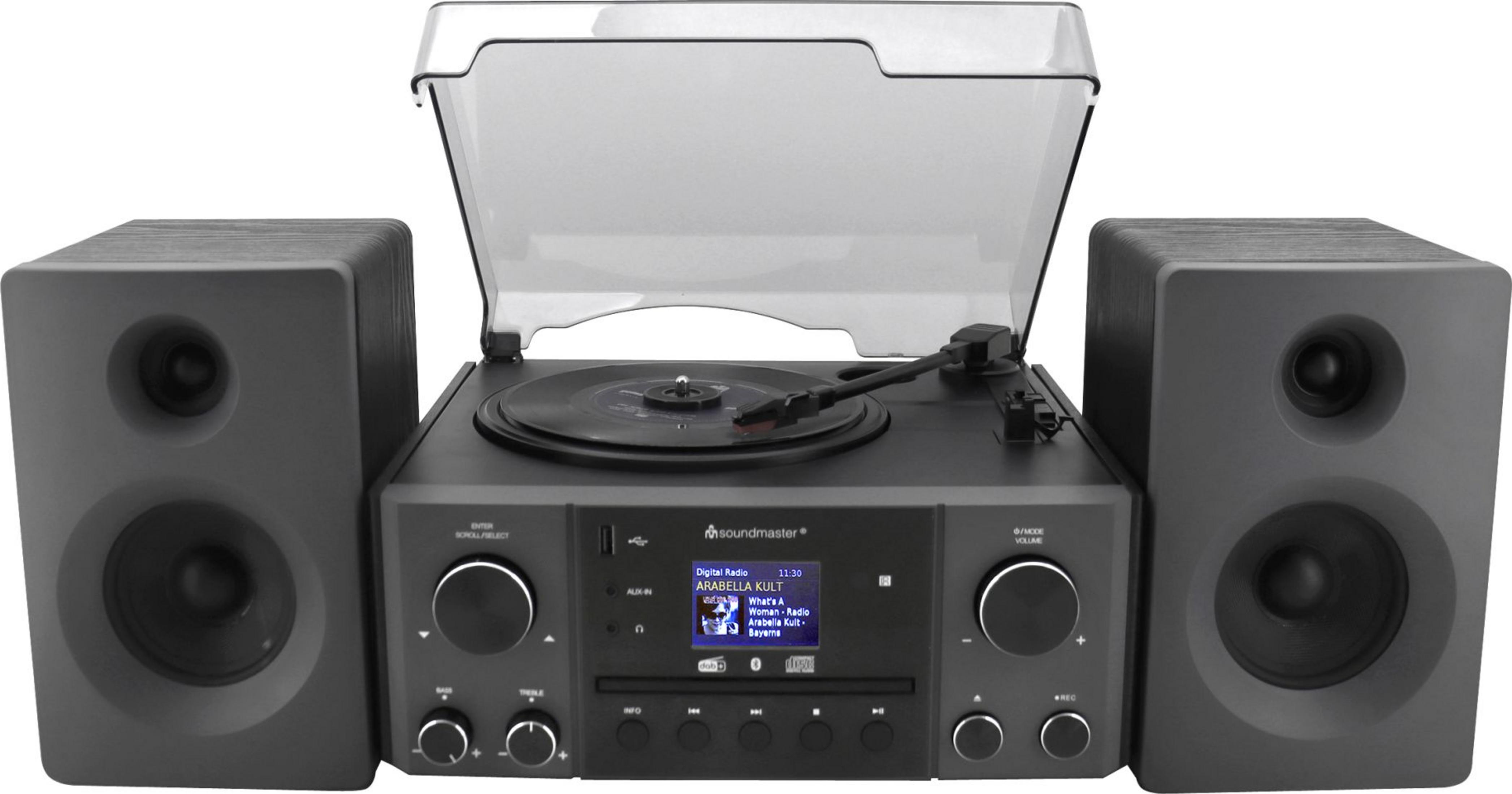 Giradischi con due altoparlanti e display radio digitale.