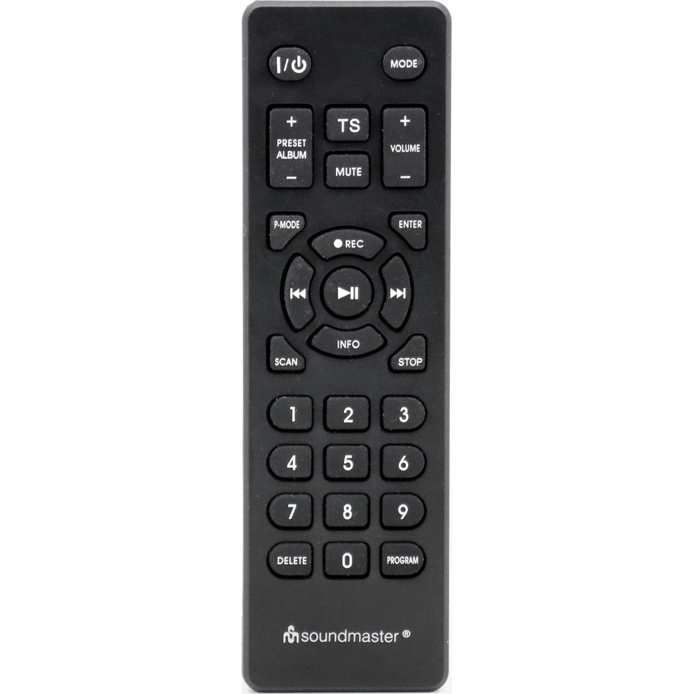 Telecomando nero con pulsanti per riproduzione, volume e numeri.