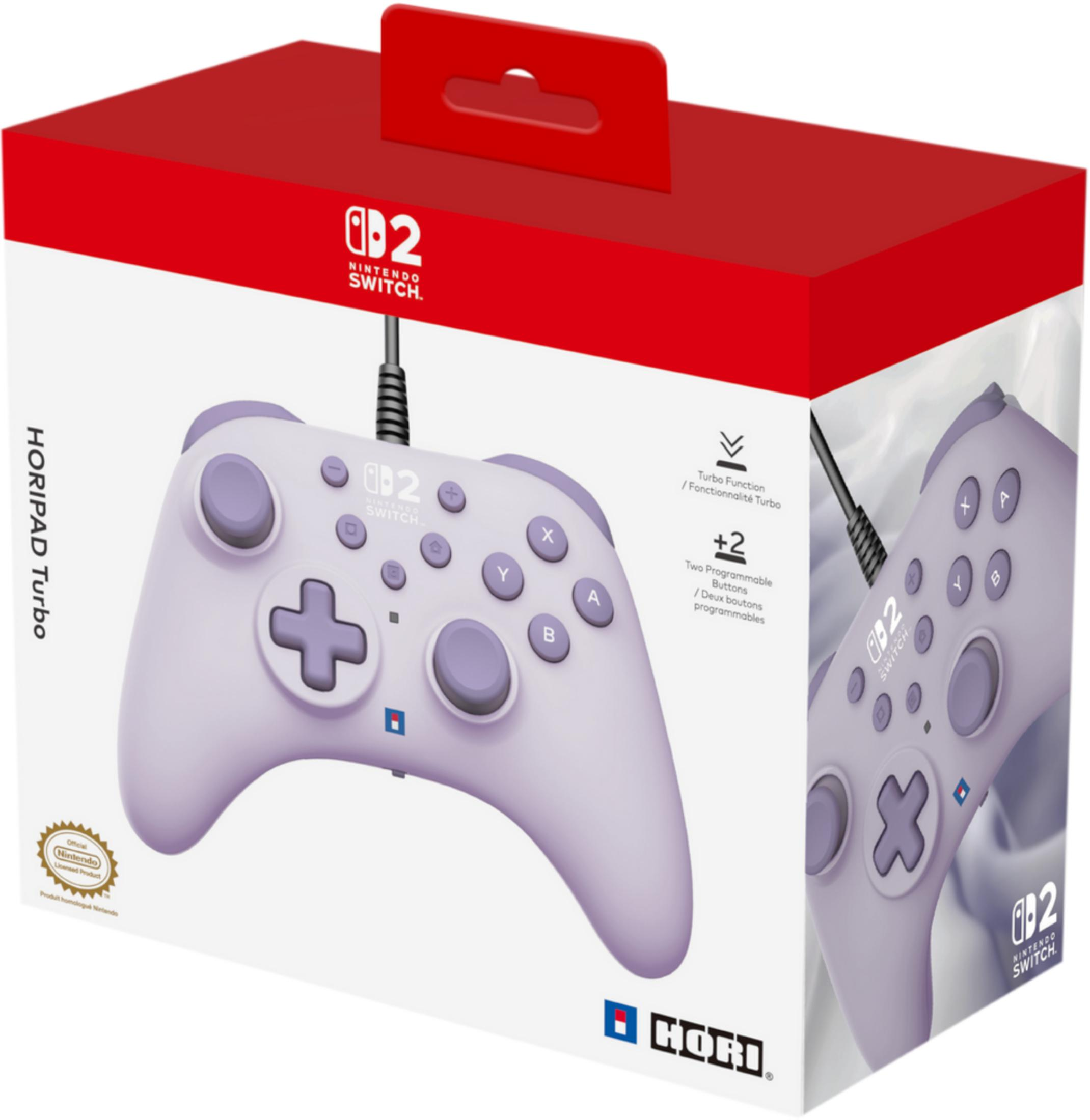 Fioletowy kontroler Nintendo Switch w czerwono-białym opakowaniu.