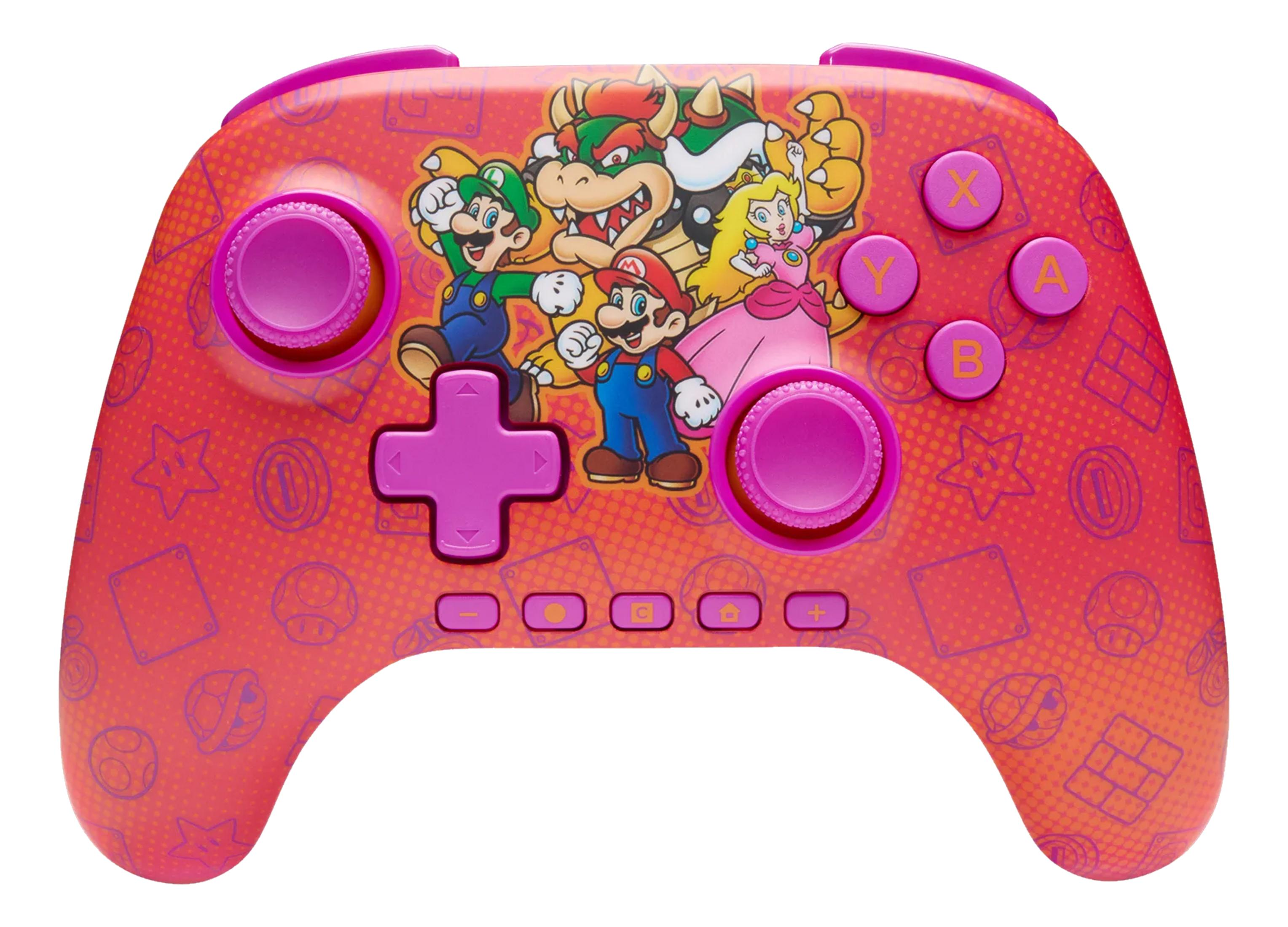 Un controller rosso con Mario, Luigi, Peach e Bowser. Fantasia viola.