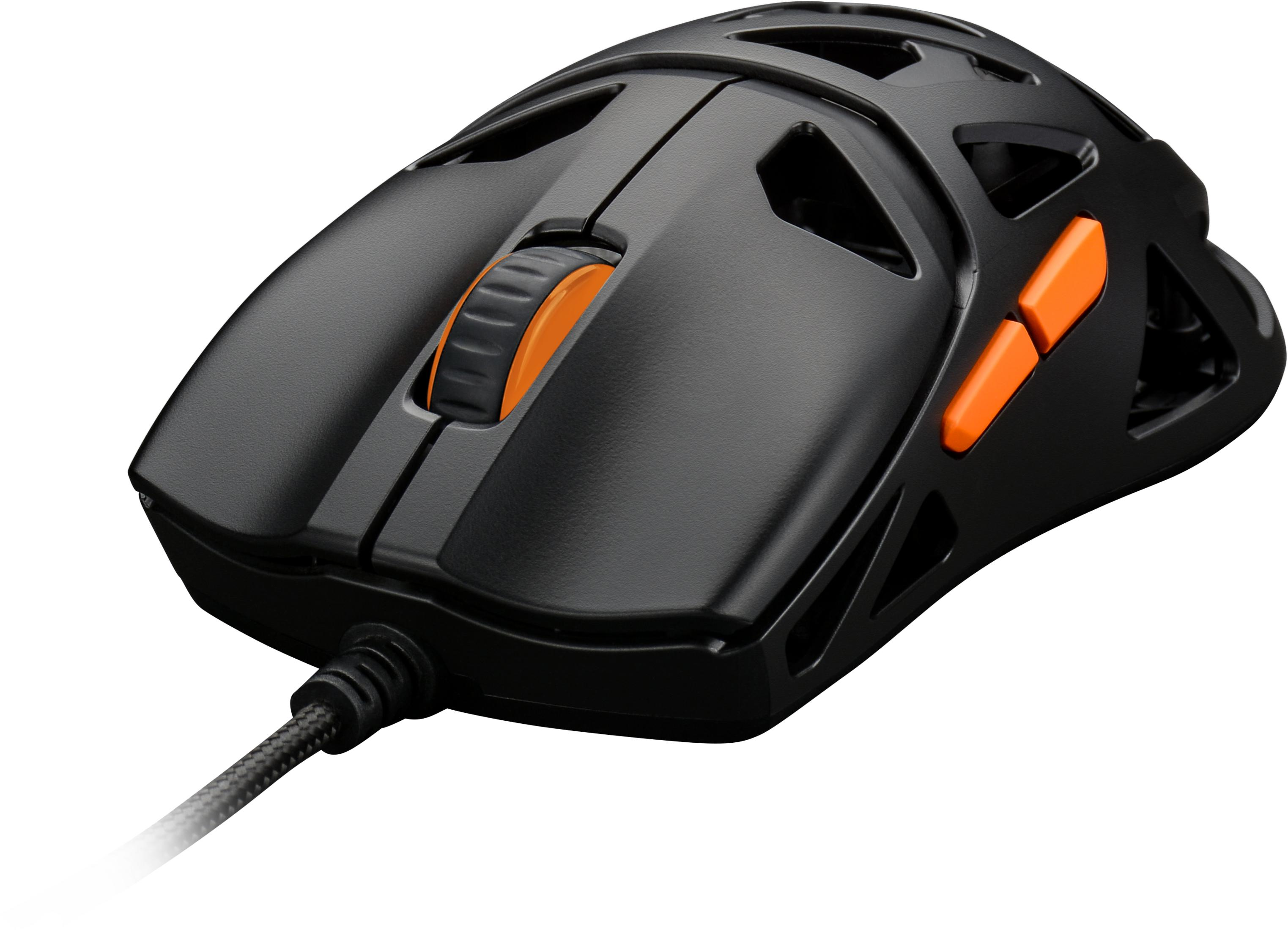 Mouse da gaming nero con accenti arancioni e rotellina.
